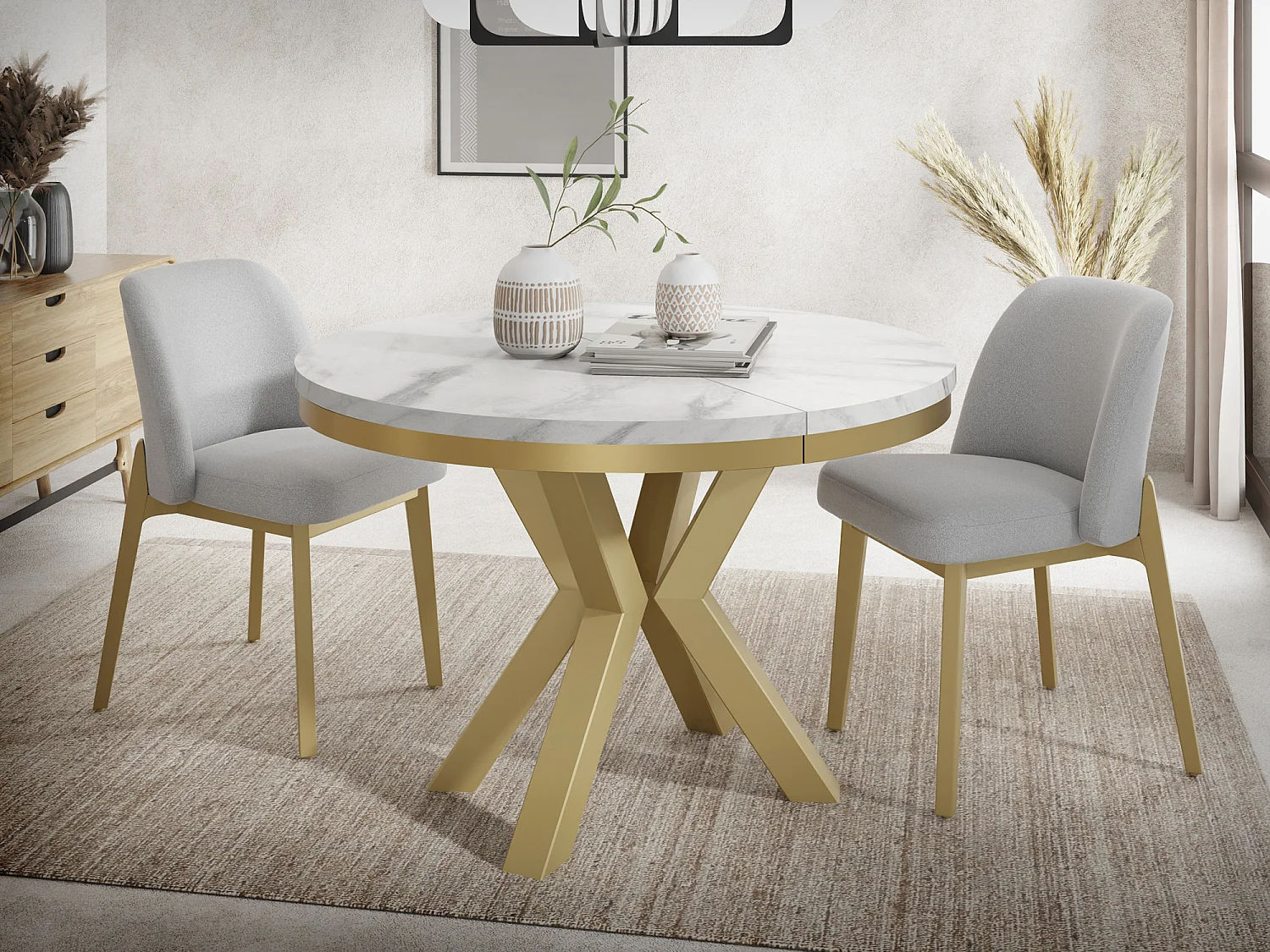 Runder Ausziehbarer Esstisch im Loft-Stil - Industrieller Tisch mit Goldenen Metallbeinen - Platzsparender Tisch für Wohnzimmer - Marmor Weiß - 100 bis 180 cm