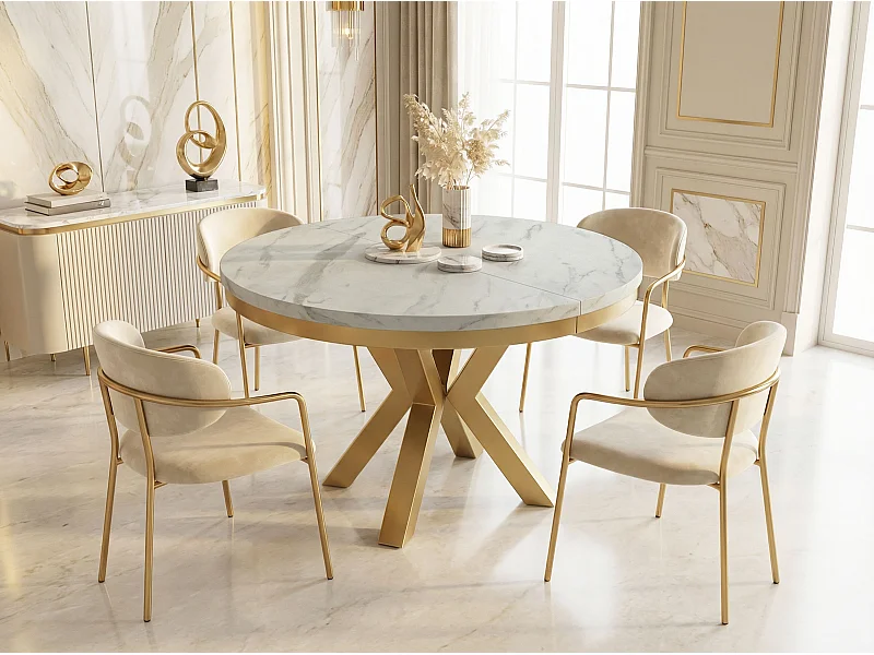 Table à Manger Ronde Extensible Style Loft - Table avec Pieds Métalliques Dorés - Table Gain de Place pour Salon - Marbre Blanc - 100 à 180 cm