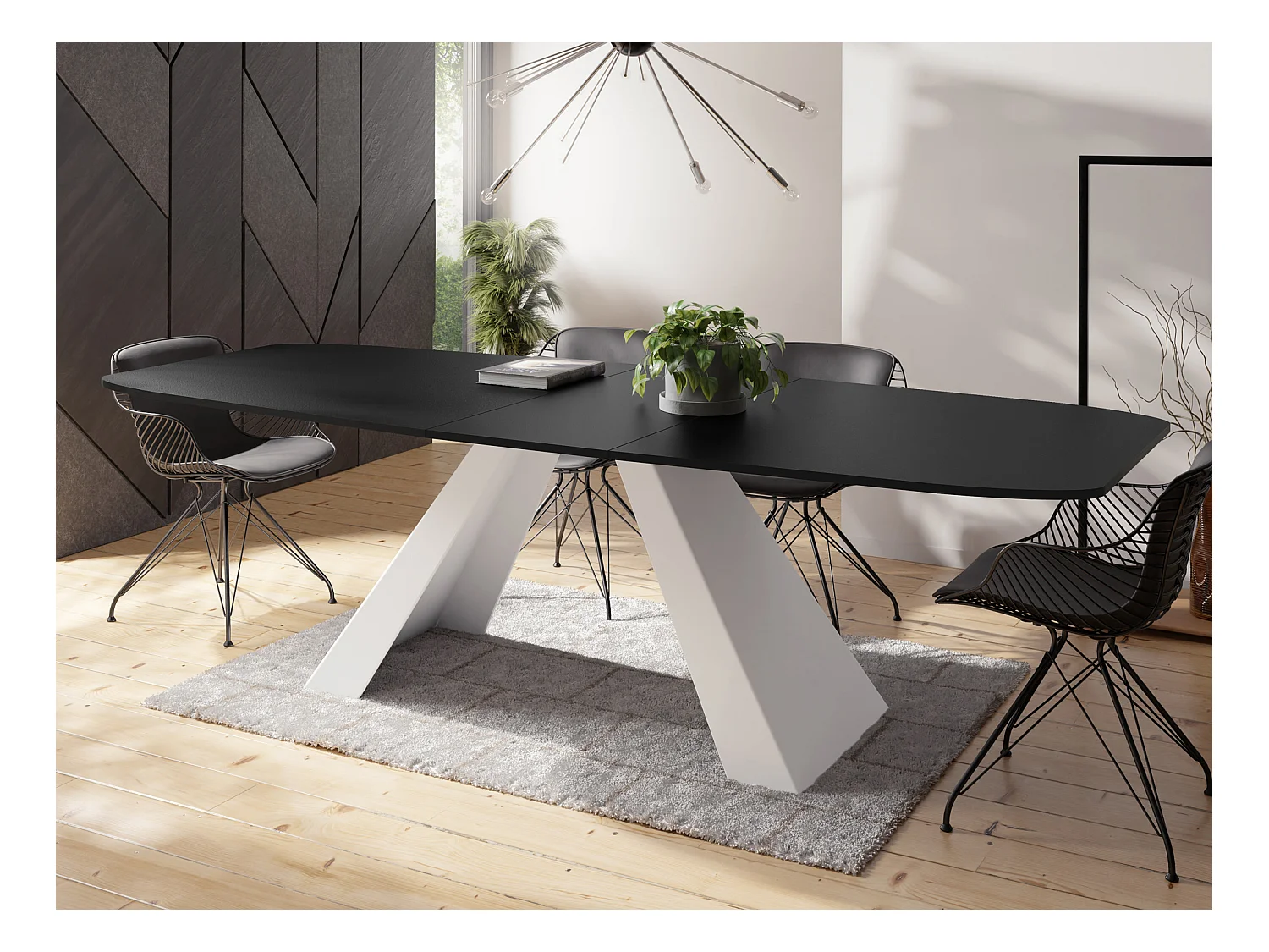 Table-à-Manger Extensible Monte Design Moderne, Table Rectangulaire - Extensible de 180 cm à 220 cm, Pieds Métalliques Blancs - 180x90 cm - Noir