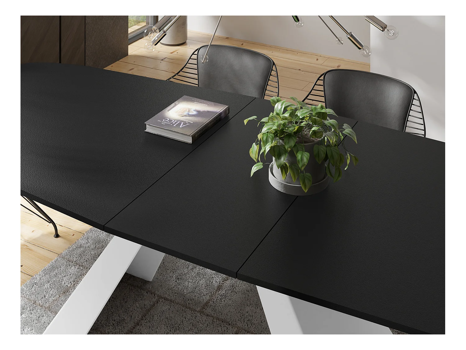 Table-à-Manger Extensible Monte Design Moderne, Table Rectangulaire - Extensible de 180 cm à 220 cm, Pieds Métalliques Blancs - 180x90 cm - Noir