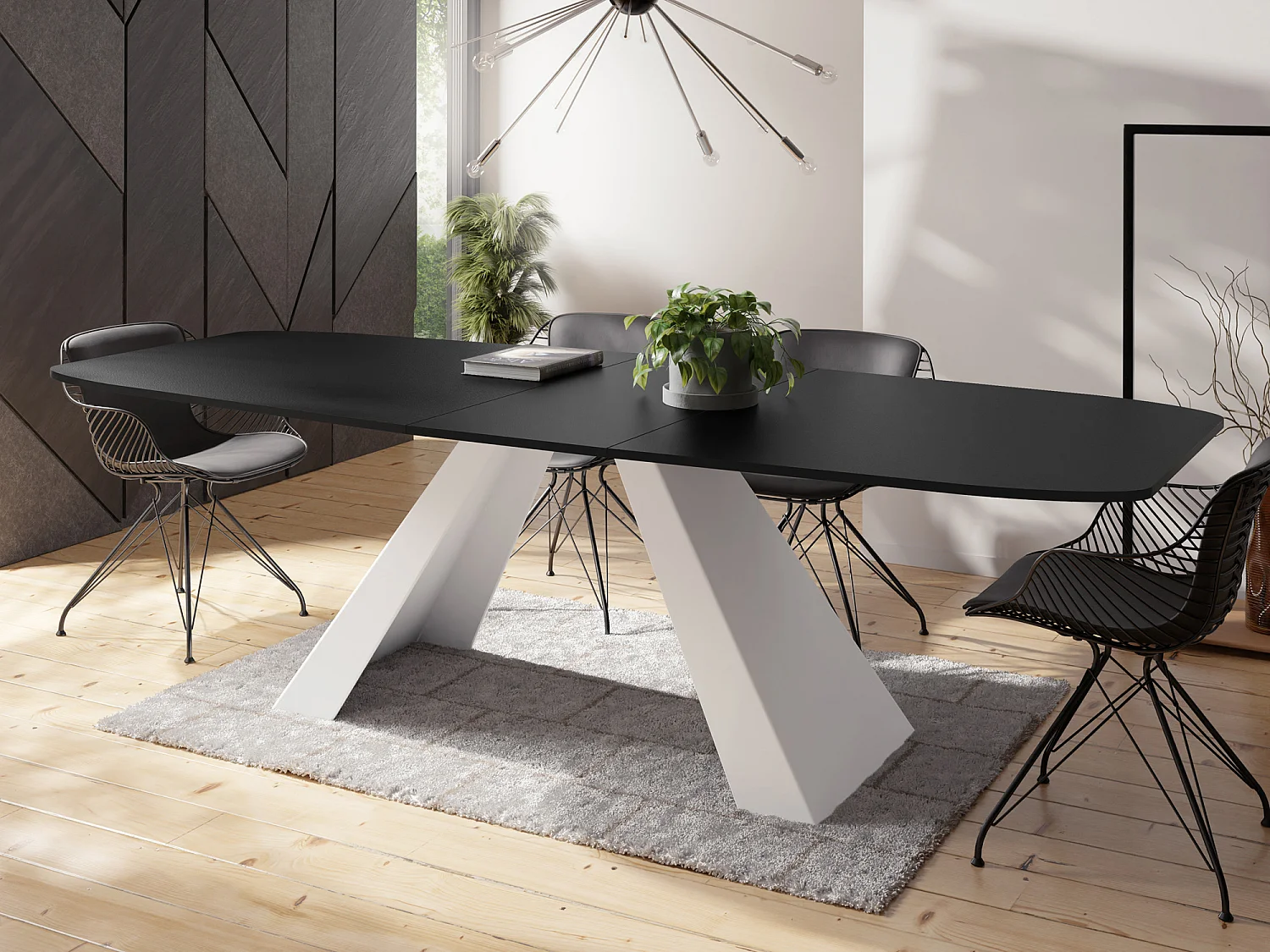 Table-à-Manger Extensible Monte Design Moderne, Table Rectangulaire - Extensible de 180 cm à 220 cm, Pieds Métalliques Blancs - 180x90 cm - Noir