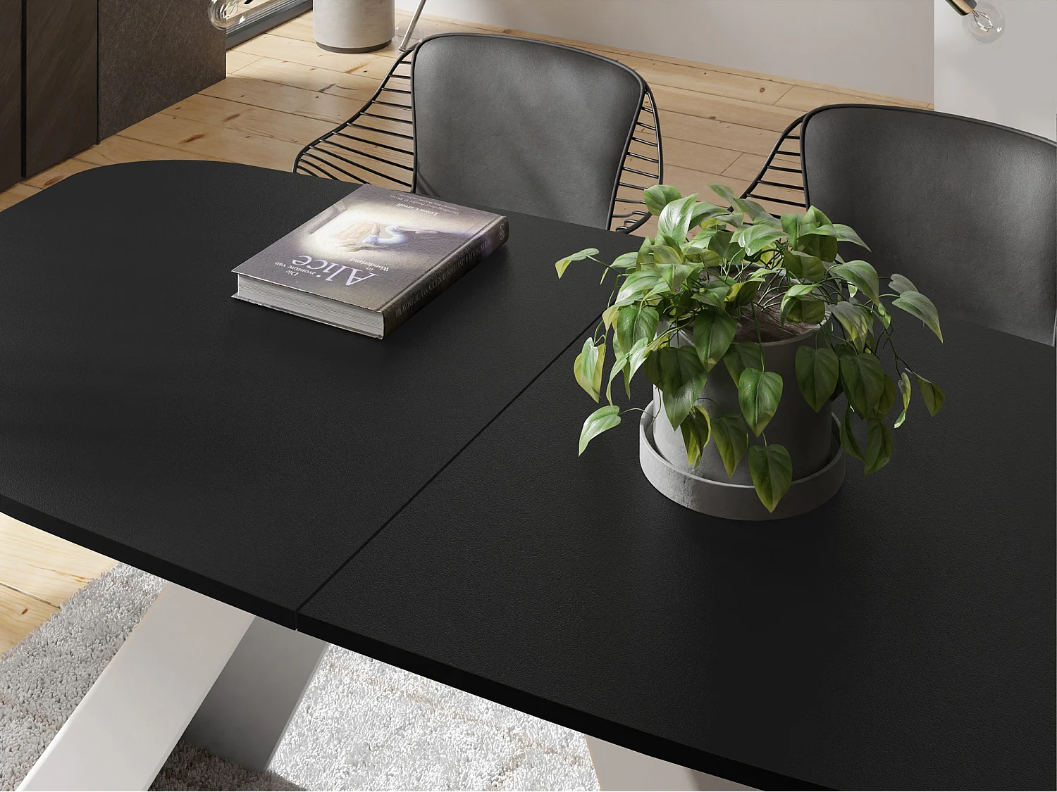 Table-à-Manger Extensible Monte Design Moderne, Table Rectangulaire - Extensible de 180 cm à 220 cm, Pieds Métalliques Blancs - 180x90 cm - Noir