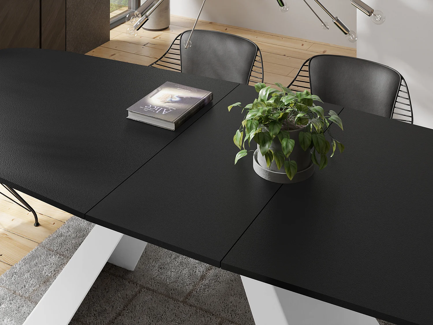 Table-à-Manger Extensible Monte Design Moderne, Table Rectangulaire - Extensible de 180 cm à 220 cm, Pieds Métalliques Blancs - 180x90 cm - Noir