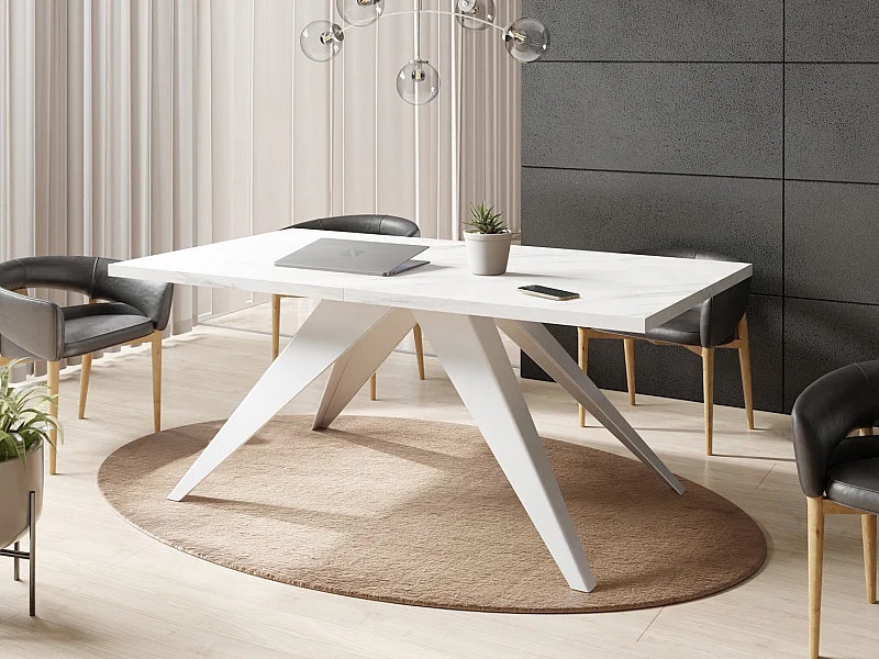Table à Manger Vance Style Moderne - Table Rectangulaire Extensible de 140 à 240 cm, Pieds en Métal Blanc Revêtement Poudre - 140 x 80 cm - Marbre Blanc