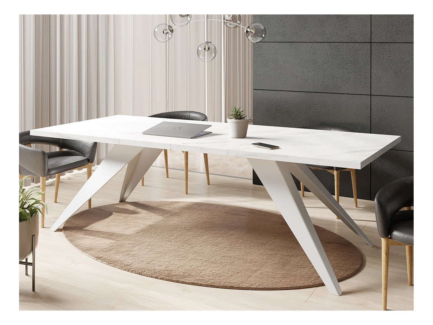 Table à Manger Vance Style Moderne - Table Rectangulaire Extensible de 140 à 240 cm, Pieds en Métal Blanc Revêtement Poudre - 140 x 80 cm - Marbre Blanc