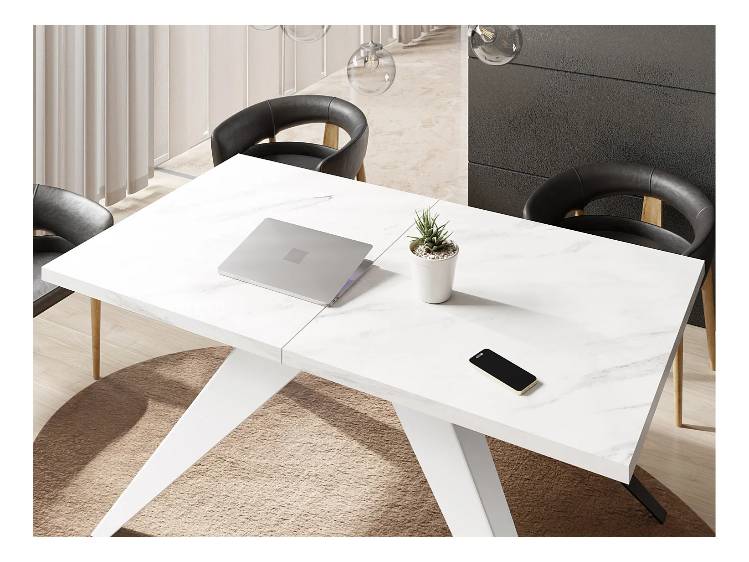 Table à Manger Vance Style Moderne - Table Rectangulaire Extensible de 140 à 240 cm, Pieds en Métal Blanc Revêtement Poudre - 140 x 80 cm - Marbre Blanc