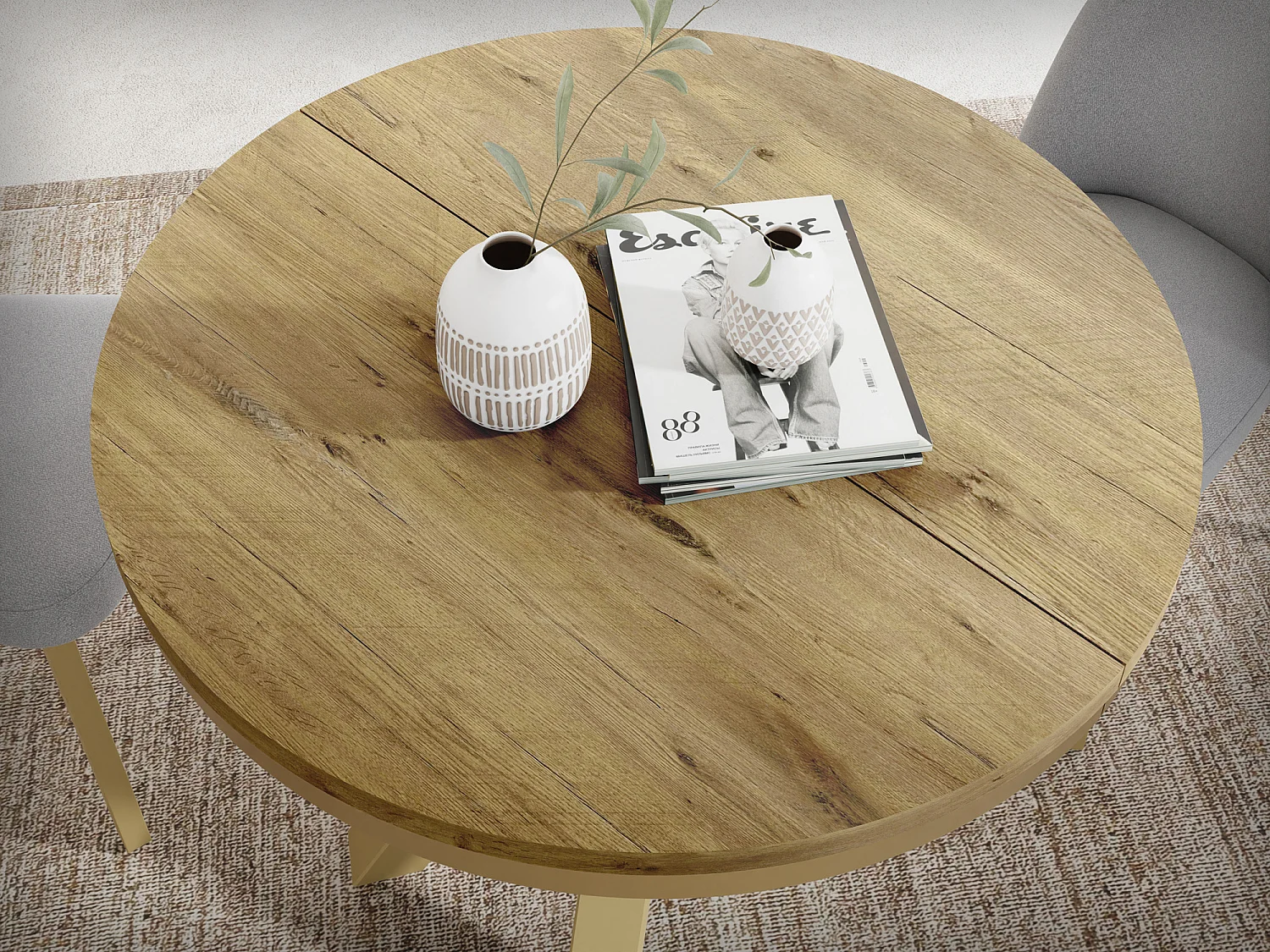 Table à Manger Ronde Extensible Style Loft - Table avec Pieds Métalliques Dorés - Table Gain de Place pour Salon - Chêne Lancelot - 100 à 180 cm