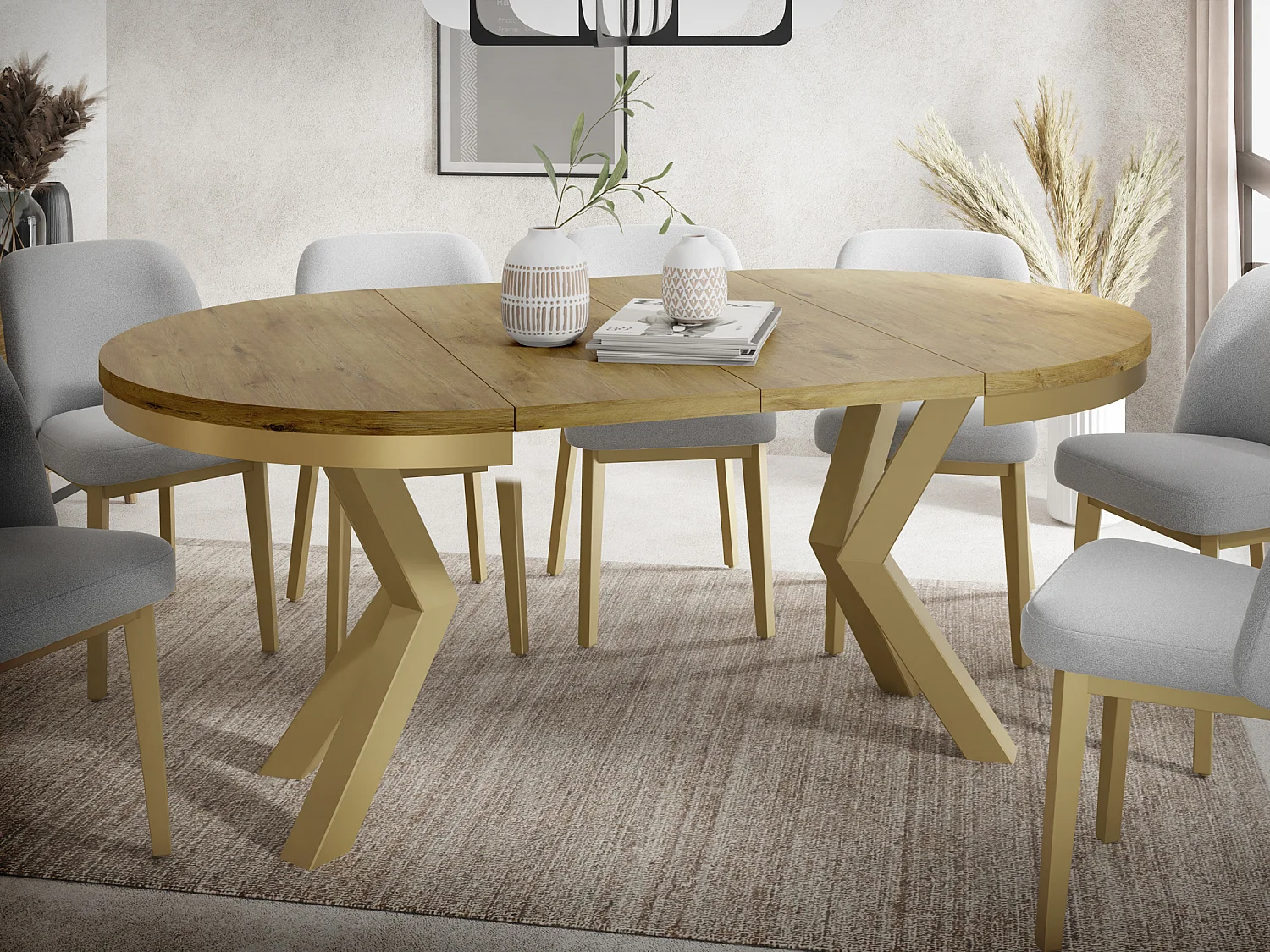 Table à Manger Ronde Extensible Style Loft - Table avec Pieds Métalliques Dorés - Table Gain de Place pour Salon - Chêne Lancelot - 100 à 180 cm