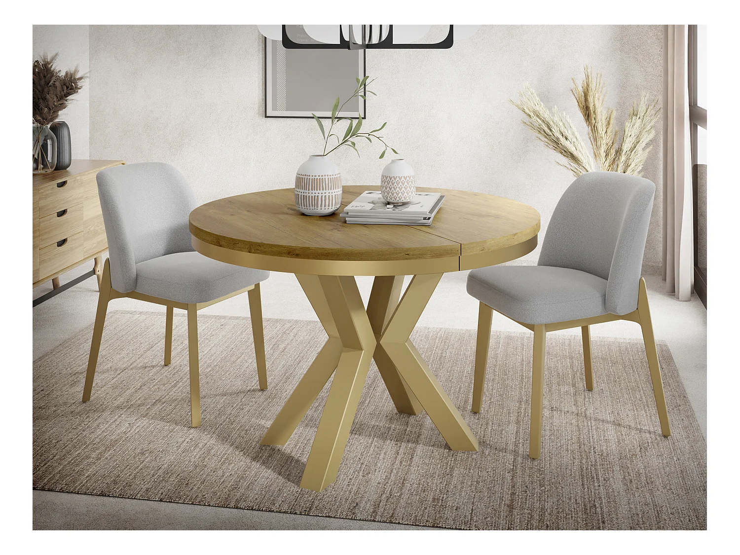 Runder Ausziehbarer Esstisch im Loft-Stil - Industrieller Tisch mit Goldenen Metallbeinen - Platzsparender Tisch für Wohnzimmer - Lancelot Eiche - 100 bis 180 cm
