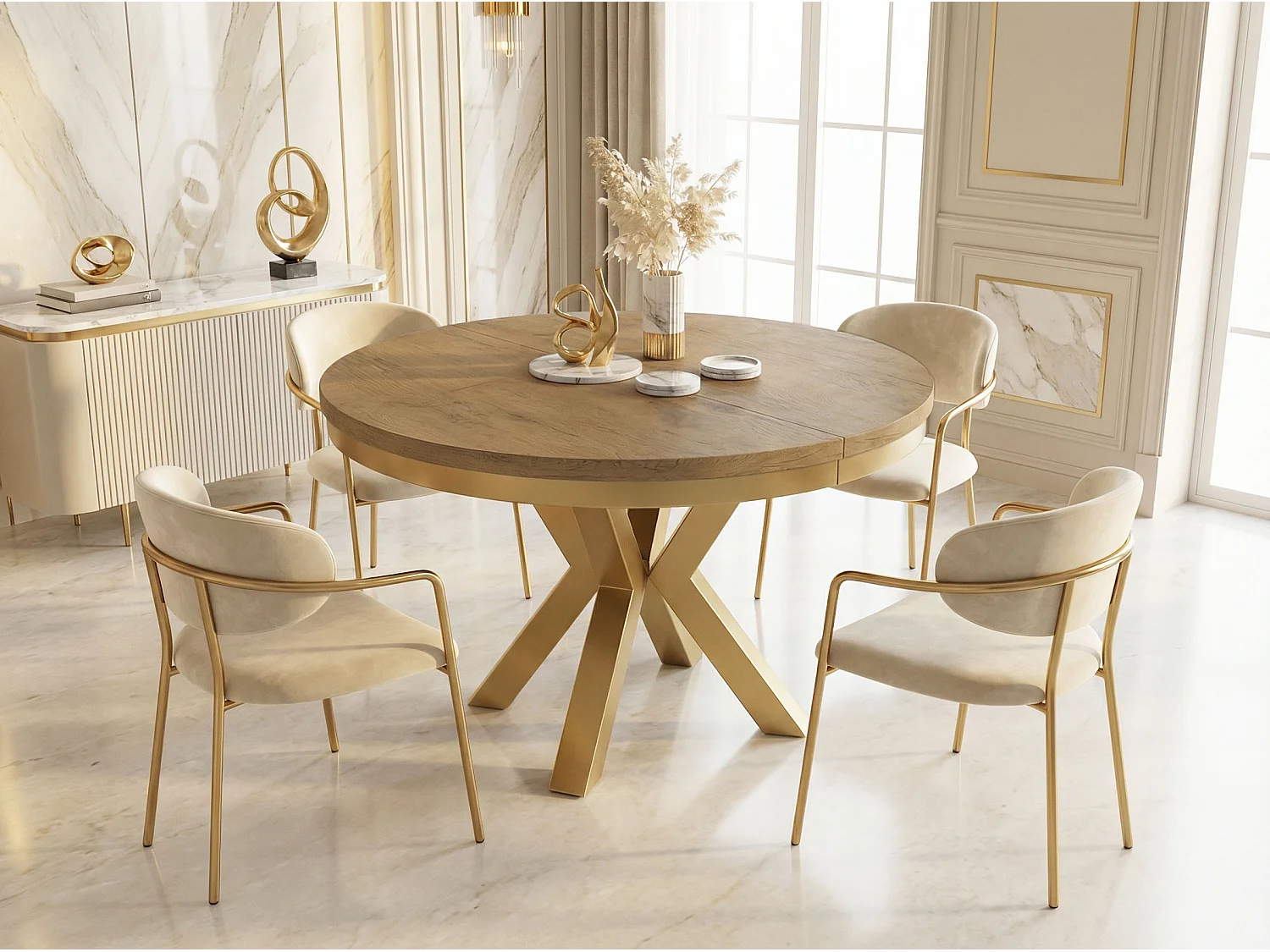 Runder Ausziehbarer Esstisch im Loft-Stil - Industrieller Tisch mit Goldenen Metallbeinen - Platzsparender Tisch für Wohnzimmer - Lancelot Eiche - 100 bis 180 cm