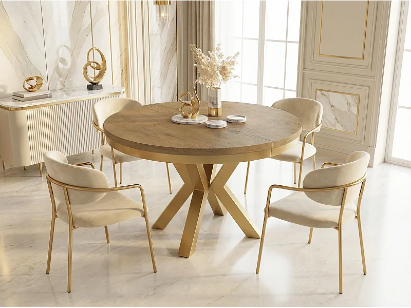 Runder Ausziehbarer Esstisch im Loft-Stil - Industrieller Tisch mit Goldenen Metallbeinen - Platzsparender Tisch für Wohnzimmer - Lancelot Eiche - 100 bis 180 cm