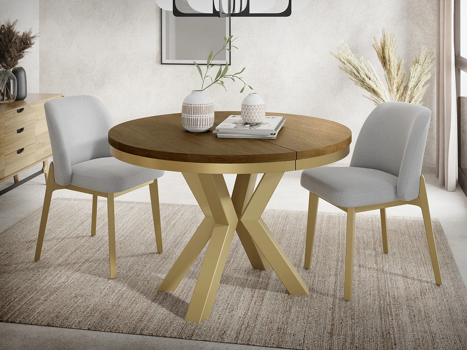 Table à Manger Ronde Extensible Style Loft - Table avec Pieds Métalliques Dorés - Table Gain de Place pour Salon - Chêne Lefkas - 120 à 200 cm