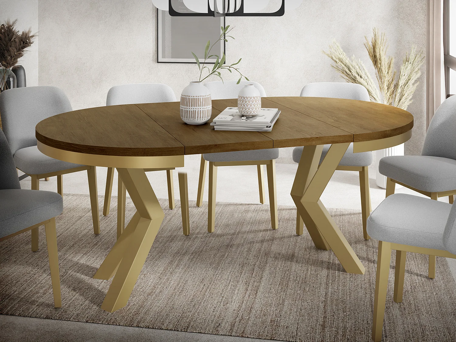 Table à Manger Ronde Extensible Style Loft - Table avec Pieds Métalliques Dorés - Table Gain de Place pour Salon - Chêne Lefkas - 120 à 200 cm