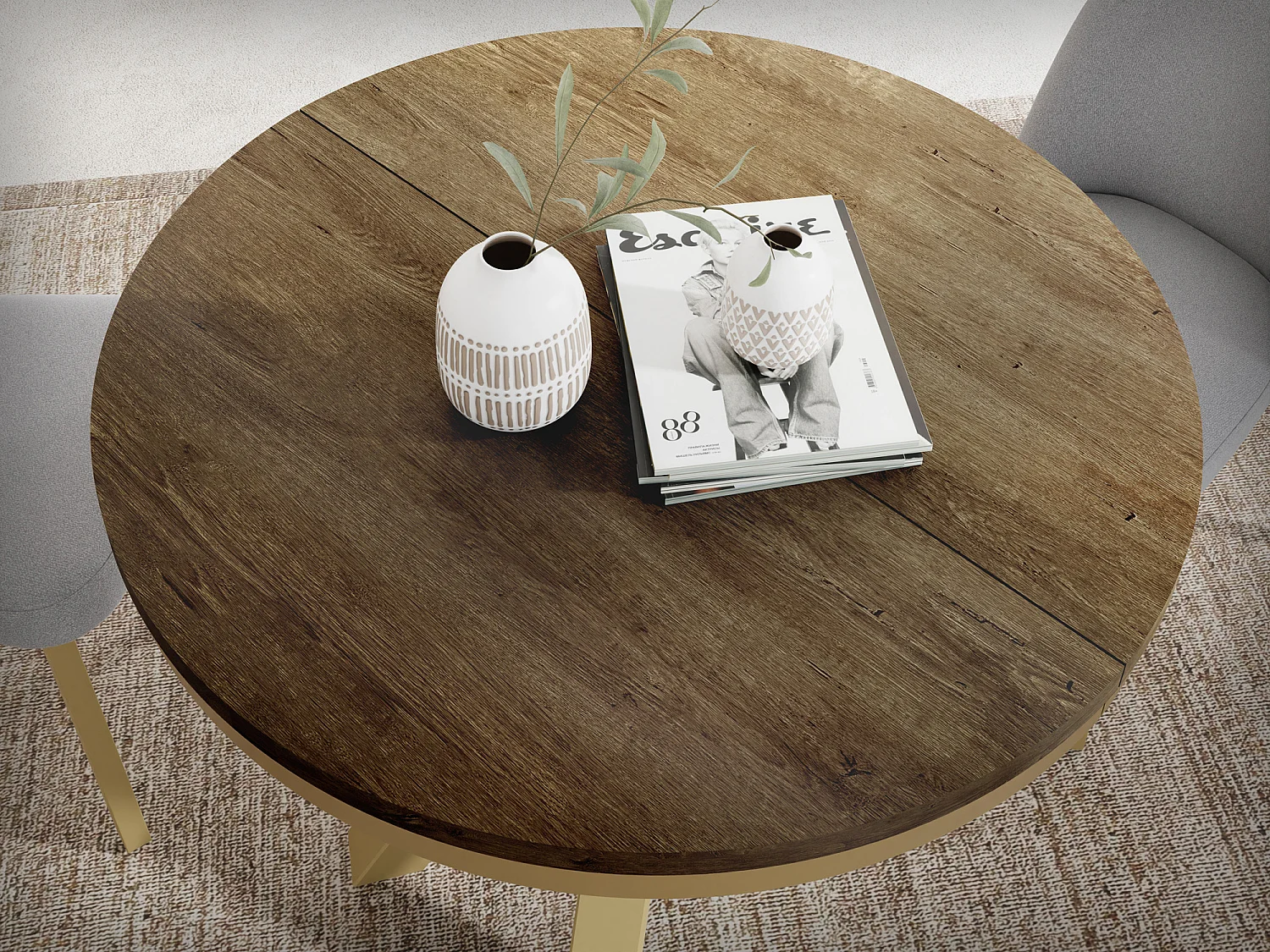 Table à Manger Ronde Extensible Style Loft - Table avec Pieds Métalliques Dorés - Table Gain de Place pour Salon - Chêne Lefkas - 120 à 200 cm