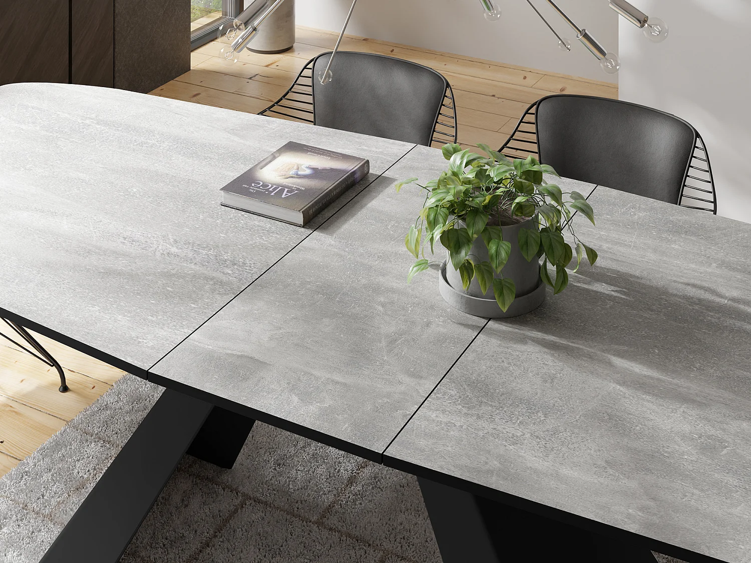 Esstisch Monte im Modern Stil, Rechteckiger Tisch - Ausziehbar von 180 cm bis 220 cm, Pulverbeschichtete Schwarze Metallbeine - 180 x 90 cm - Beton Grau