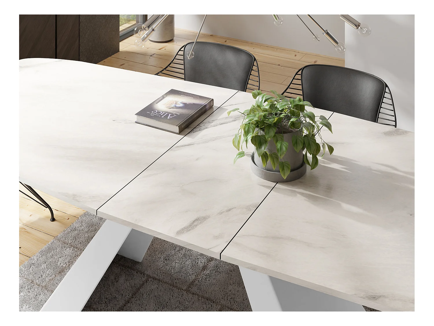 Table-à-Manger Extensible Monte Design Moderne, Table Rectangulaire - Extensible de 160 cm à 200 cm, Pieds Métalliques Blancs - 160x80 cm - Marbre Blanc