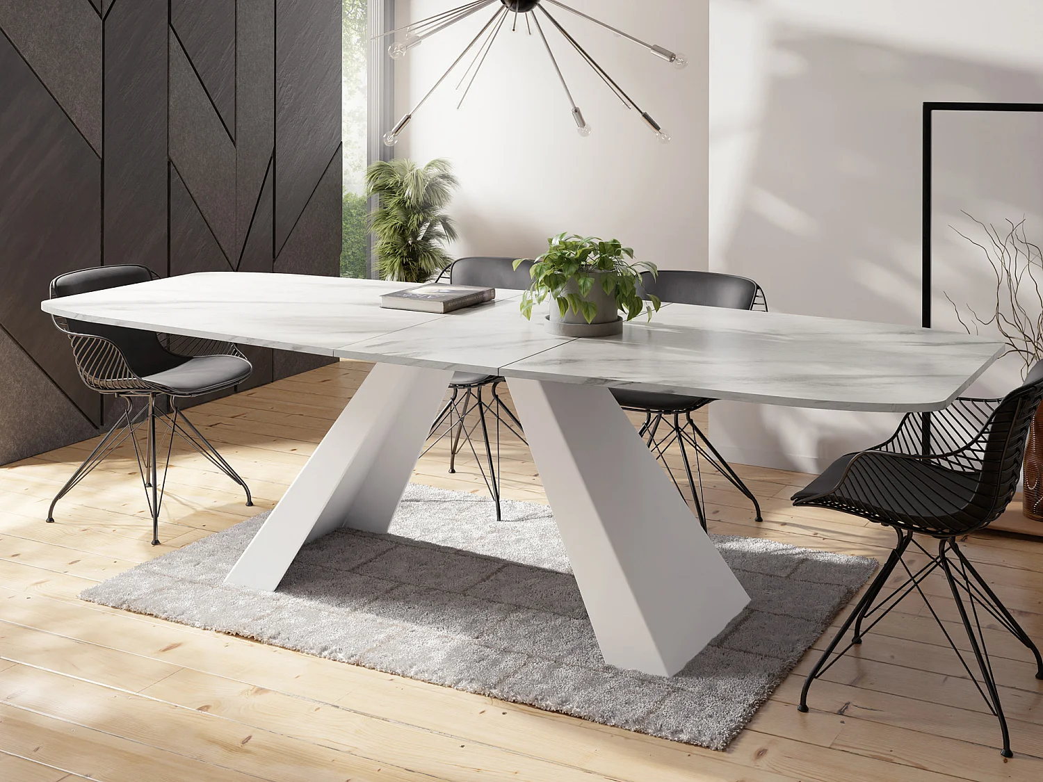 Table-à-Manger Extensible Monte Design Moderne, Table Rectangulaire - Extensible de 160 cm à 200 cm, Pieds Métalliques Blancs - 160x80 cm - Marbre Blanc