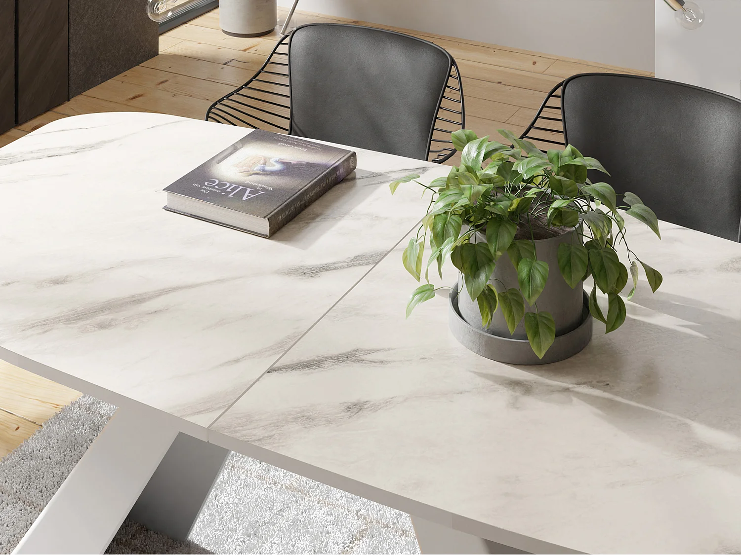 Table-à-Manger Extensible Monte Design Moderne, Table Rectangulaire - Extensible de 160 cm à 200 cm, Pieds Métalliques Blancs - 160x80 cm - Marbre Blanc