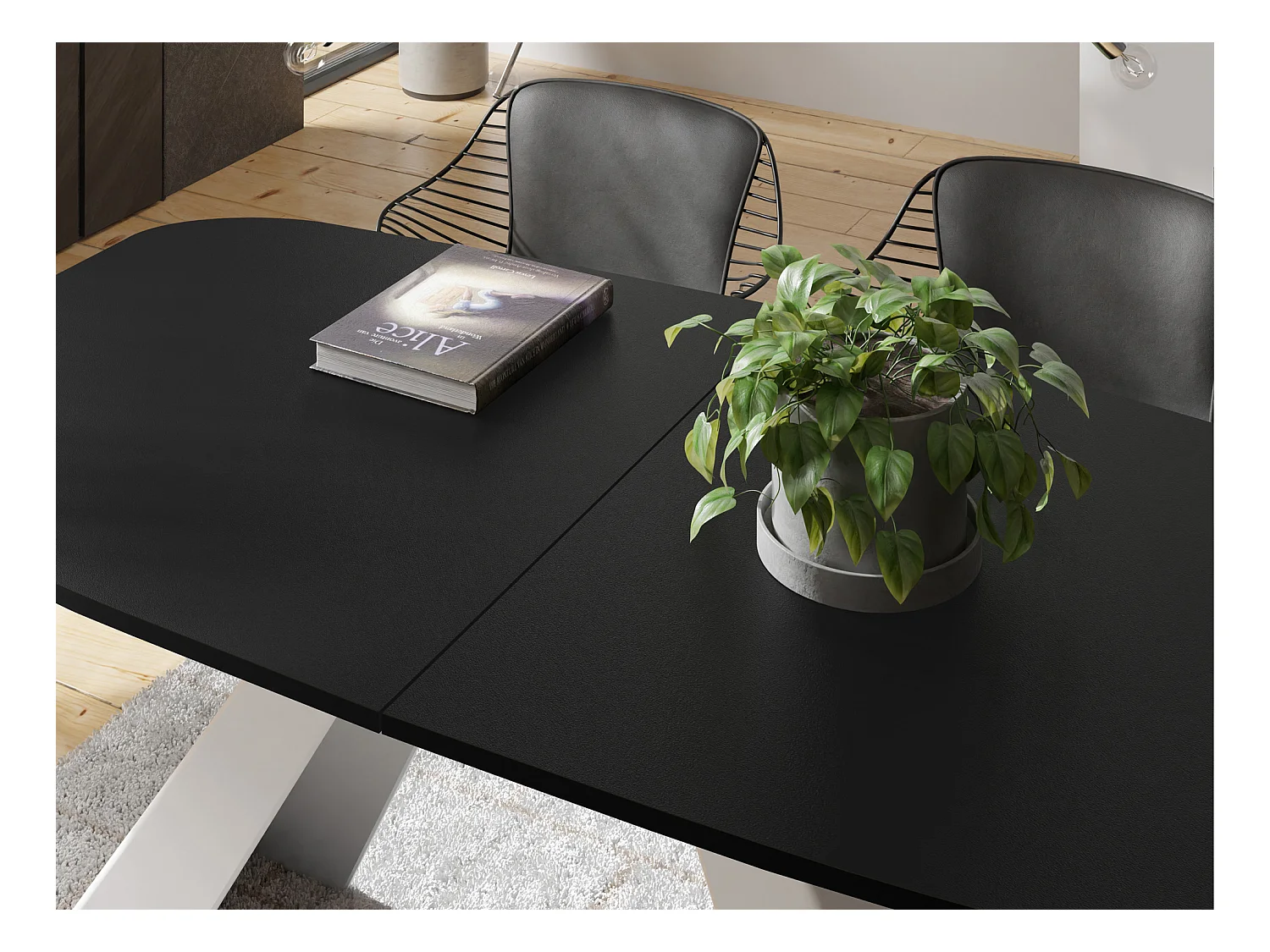 Table-à-Manger Extensible Monte Design Moderne, Table Rectangulaire - Extensible de 160 cm à 200 cm, Pieds Métalliques Blancs - 160x80 cm - Noir