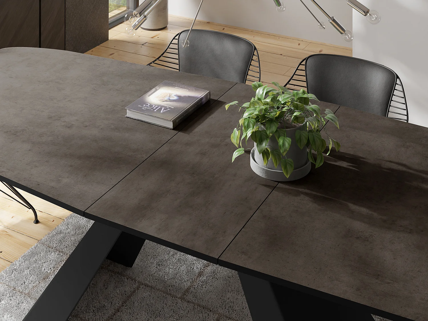 Table-à-Manger Extensible Monte Design Moderne, Table Rectangulaire - Extensible de 160 cm à 200 cm, Pieds Métalliques Noirs - 160x80 cm - Béton Gris Chicago