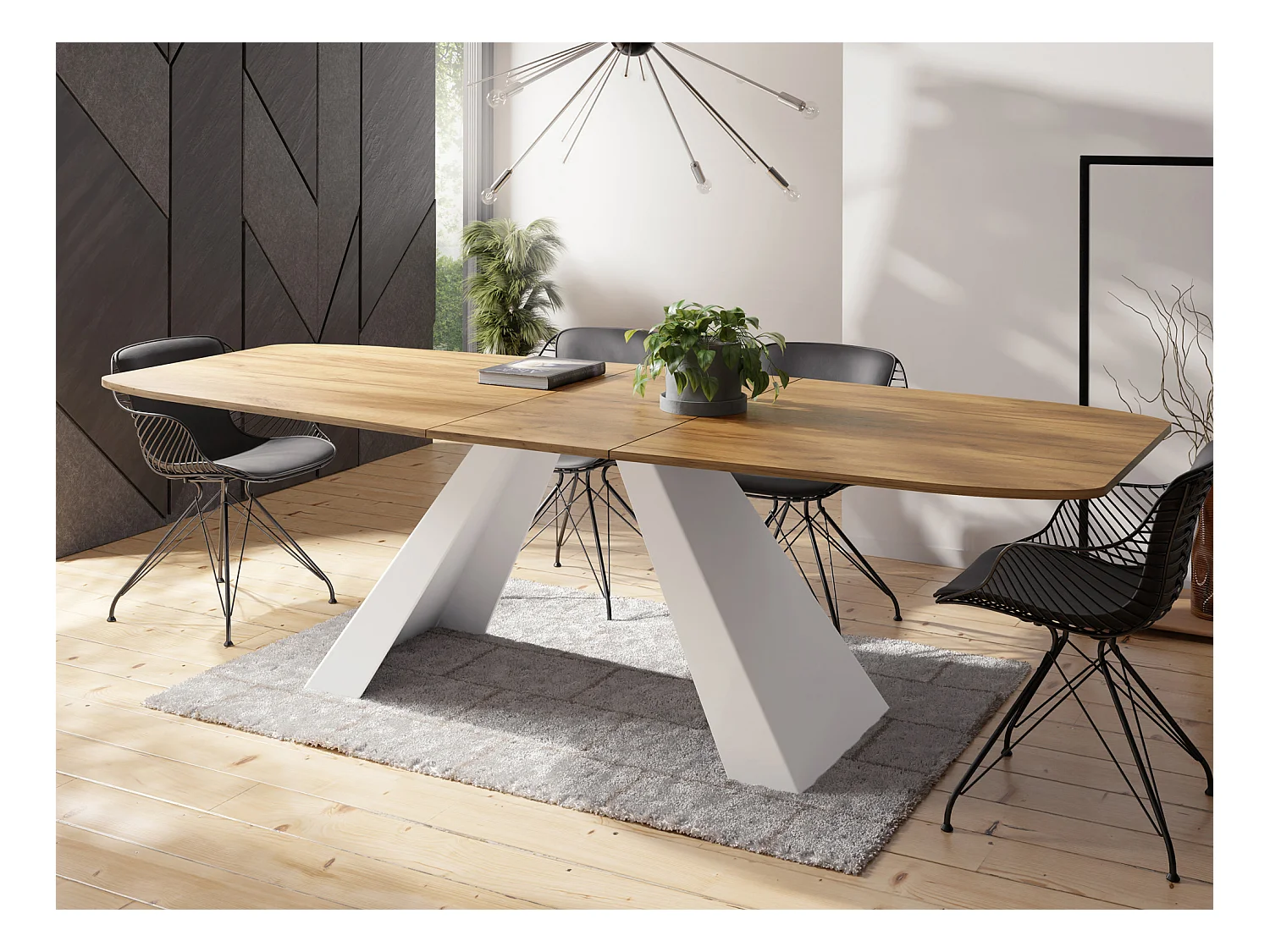 Esstisch Monte Weiß im Modern Stil, Rechteckiger Tisch - Ausziehbar von 180 cm bis 220 cm, Pulverbeschichtete Weiße Metallbeine - 180 x 90 cm - Craft Eiche