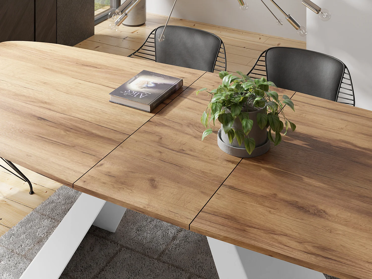 Esstisch Monte Weiß im Modern Stil, Rechteckiger Tisch - Ausziehbar von 180 cm bis 220 cm, Pulverbeschichtete Weiße Metallbeine - 180 x 90 cm - Craft Eiche