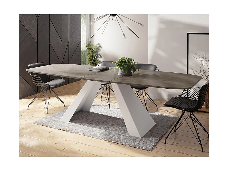 Table-à-Manger Extensible Monte Design Moderne, Table Rectangulaire - Extensible de 160 cm à 200 cm, Pieds Métalliques Blancs - 160x80 cm - Béton Gris Chicago