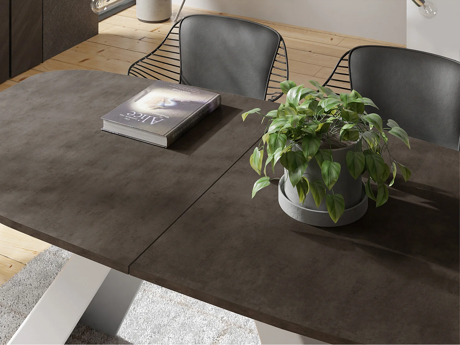 Table-à-Manger Extensible Monte Design Moderne, Table Rectangulaire - Extensible de 160 cm à 200 cm, Pieds Métalliques Blancs - 160x80 cm - Béton Gris Chicago