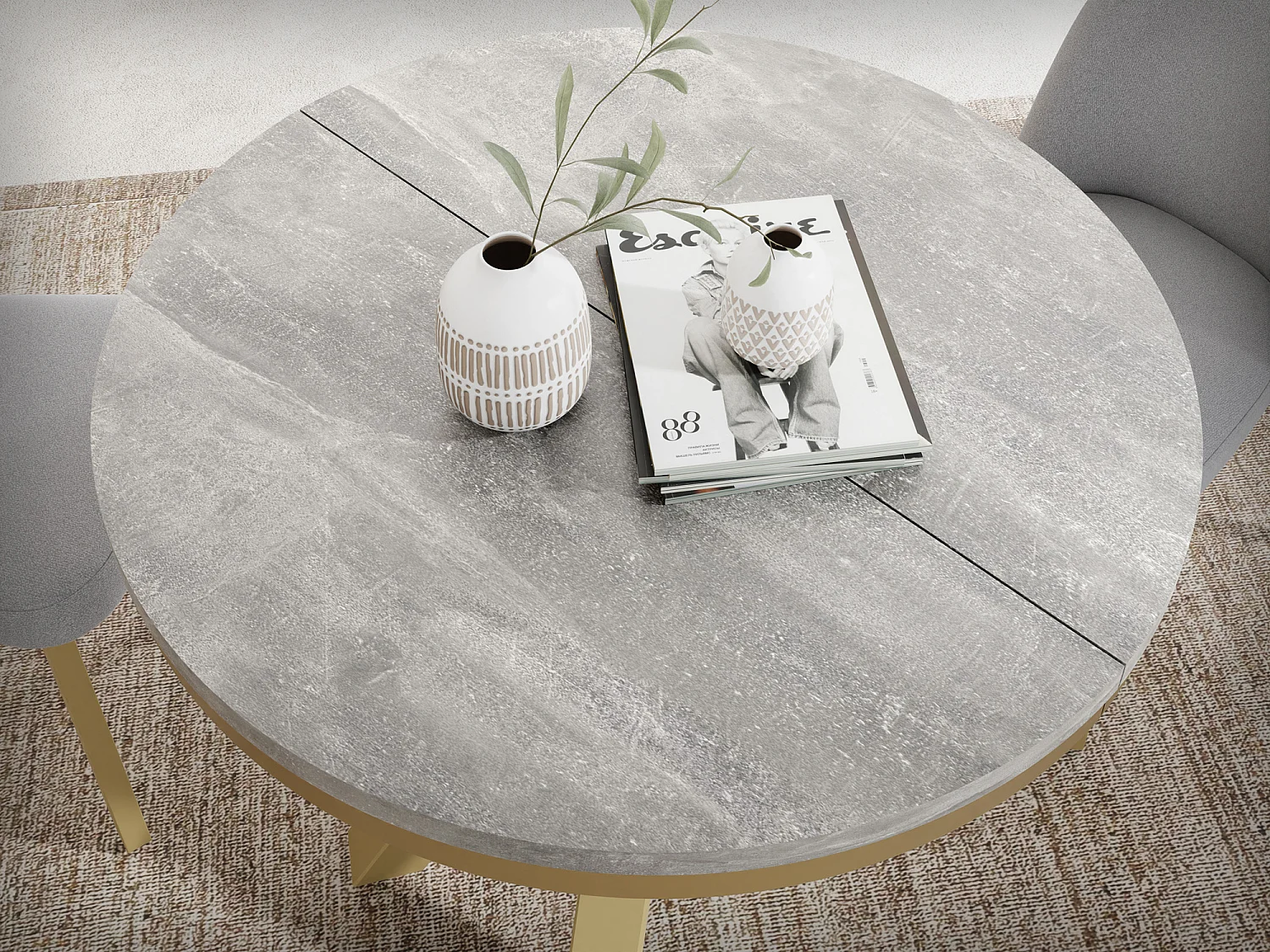 Table à Manger Ronde Extensible Style Loft - Table avec Pieds Métalliques Dorés - Table Gain de Place pour Salon - Béton Gris - 120 à 200 cm