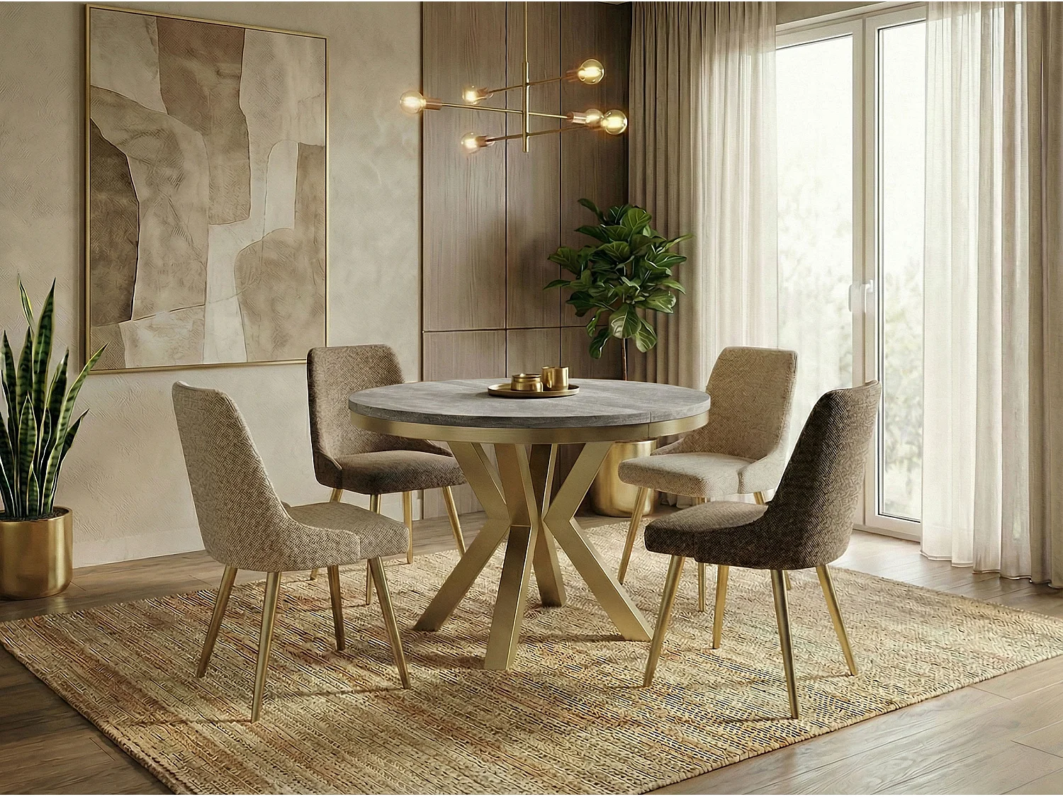 Table à Manger Ronde Extensible Style Loft - Table avec Pieds Métalliques Dorés - Table Gain de Place pour Salon - Béton Gris - 120 à 200 cm