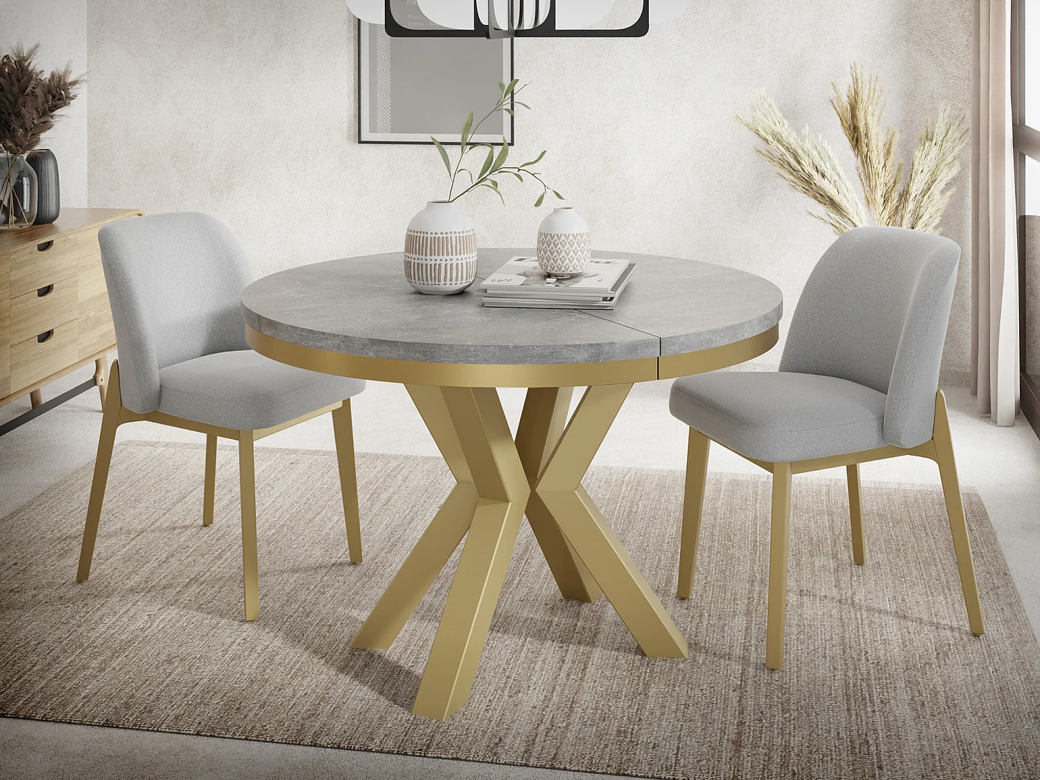 Table à Manger Ronde Extensible Style Loft - Table avec Pieds Métalliques Dorés - Table Gain de Place pour Salon - Béton Gris - 120 à 200 cm