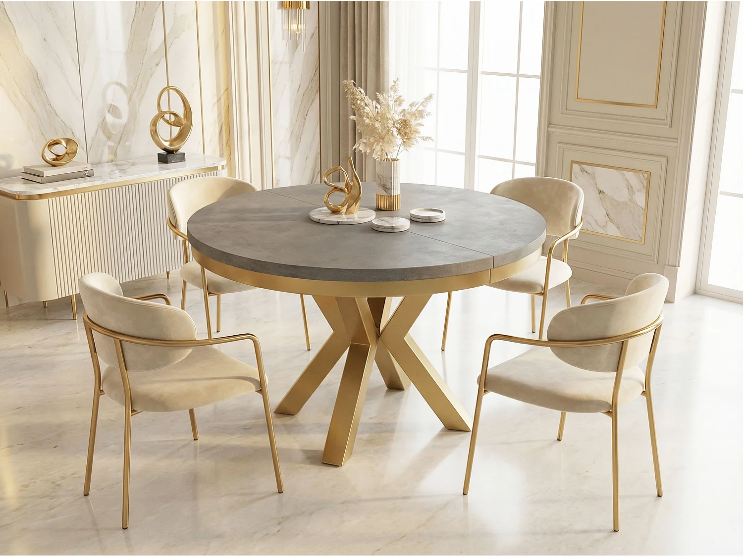 Runder Ausziehbarer Esstisch im Loft-Stil - Industrieller Tisch mit Goldenen Metallbeinen - Platzsparender Tisch für Wohnzimmer - Grauer Beton - 120 bis 200 cm