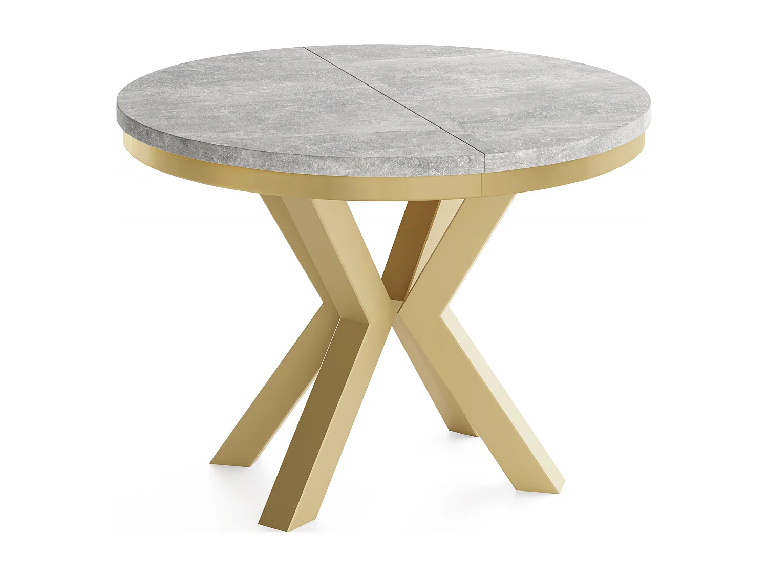 Runder Ausziehbarer Esstisch im Loft-Stil - Industrieller Tisch mit Goldenen Metallbeinen - Platzsparender Tisch für Wohnzimmer - Grauer Beton - 120 bis 200 cm