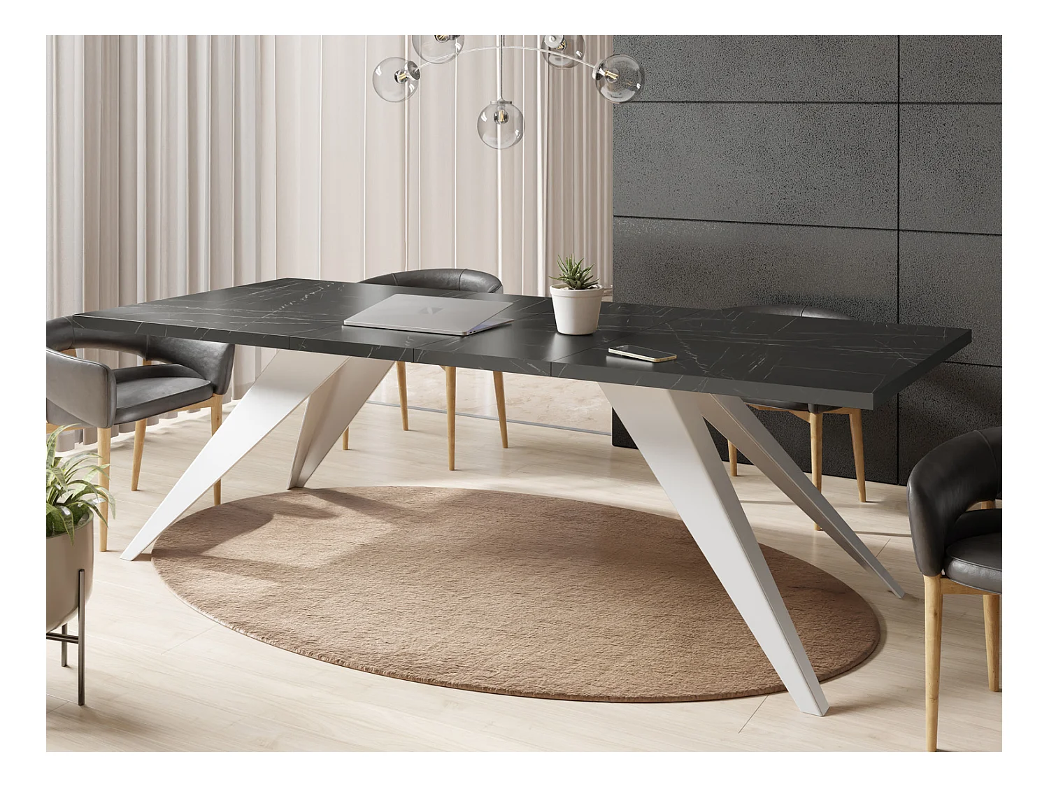 Table à Manger Vance Style Moderne - Table Rectangulaire Extensible de 160 à 260 cm, Pieds en Métal Blanc Revêtement Poudre - 160 x 90 cm - Marbre Noir