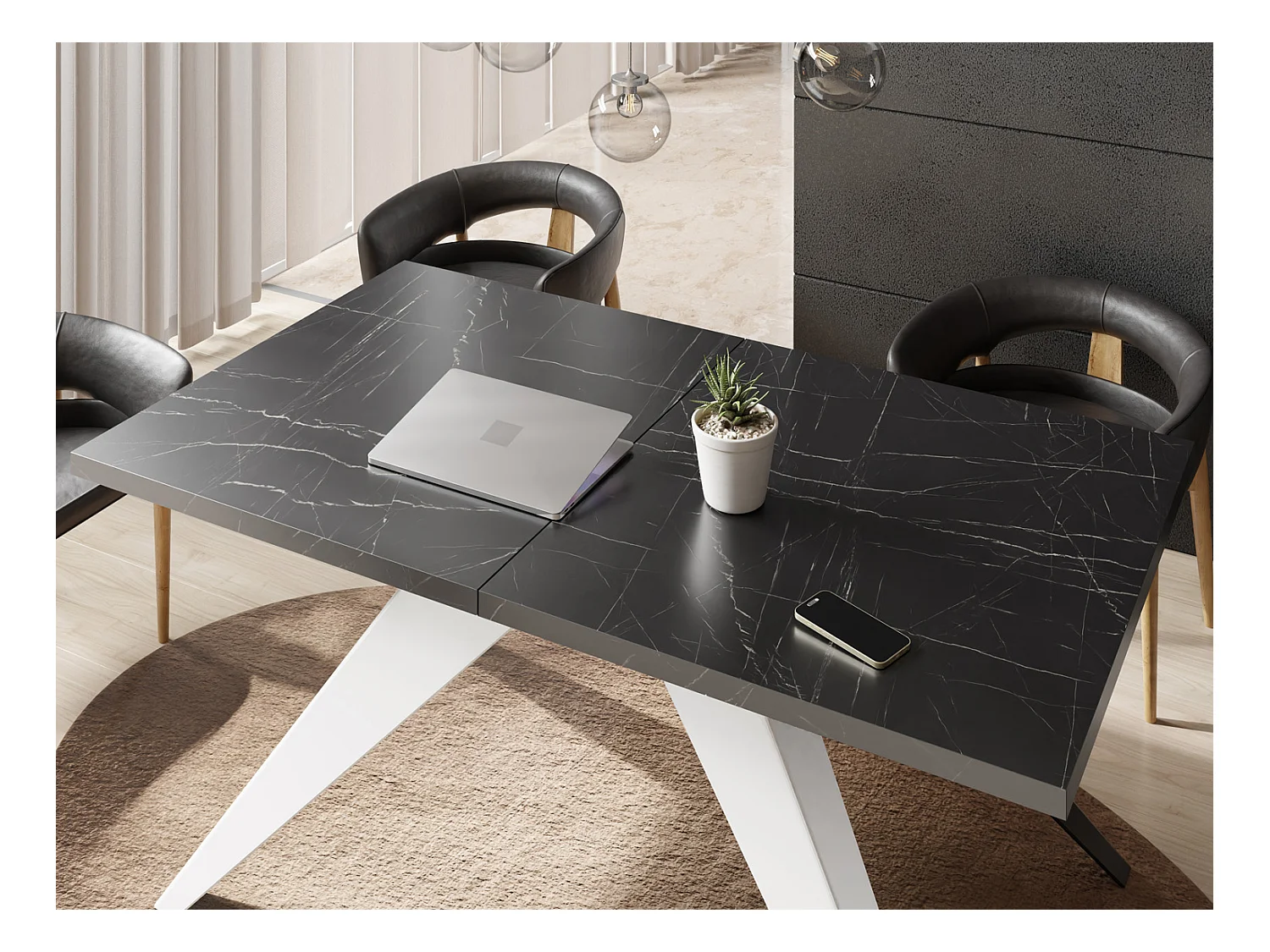 Table à Manger Vance Style Moderne - Table Rectangulaire Extensible de 160 à 260 cm, Pieds en Métal Blanc Revêtement Poudre - 160 x 90 cm - Marbre Noir