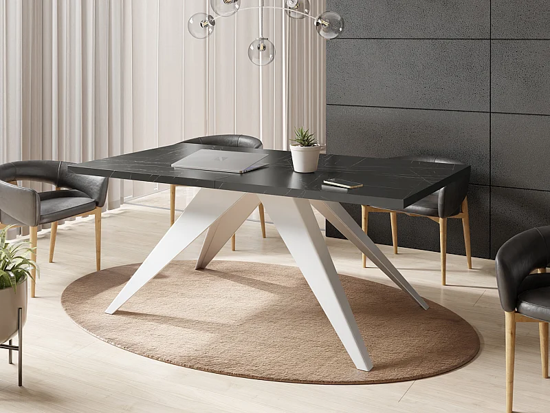 Table à Manger Vance Style Moderne - Table Rectangulaire Extensible de 160 à 260 cm, Pieds en Métal Blanc Revêtement Poudre - 160 x 90 cm - Marbre Noir