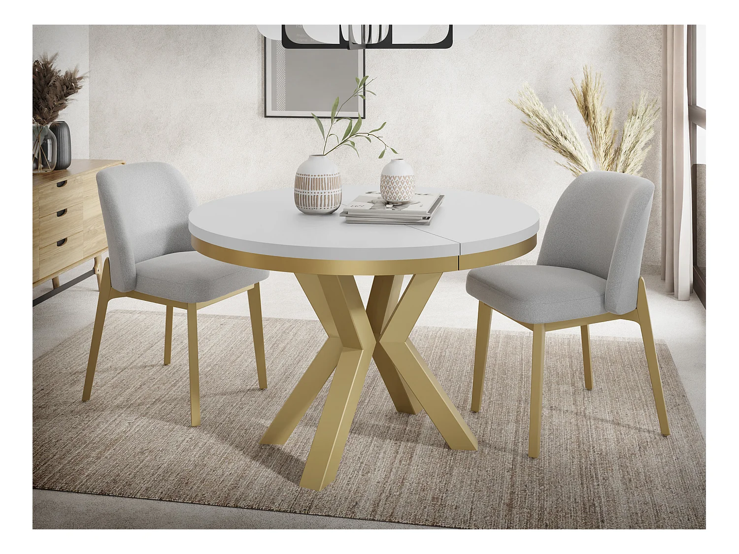 Table à Manger Ronde Extensible Style Loft - Table avec Pieds Métalliques Dorés - Table Gain de Place pour Salon - Blanc  - 120 à 200 cm