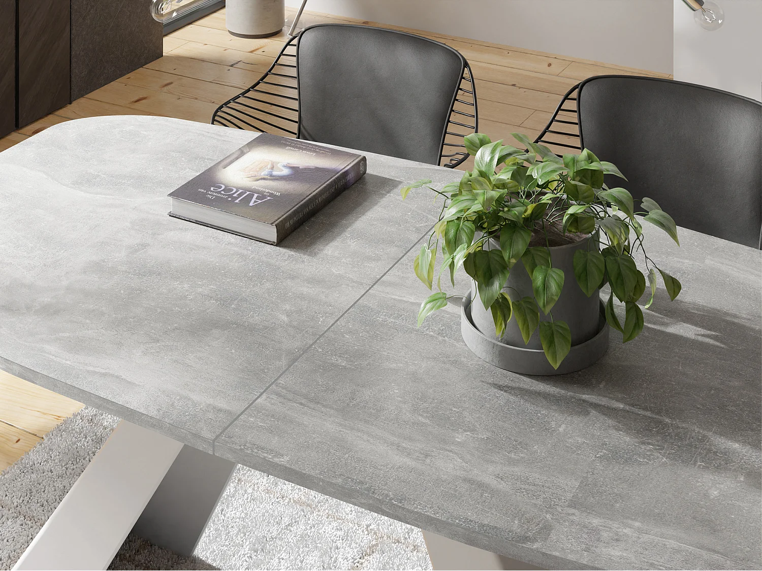 Table-à-Manger Extensible Monte Design Moderne, Table Rectangulaire - Extensible de 160 cm à 200 cm, Pieds Métalliques Blancs - 160x80 cm - Béton Gris