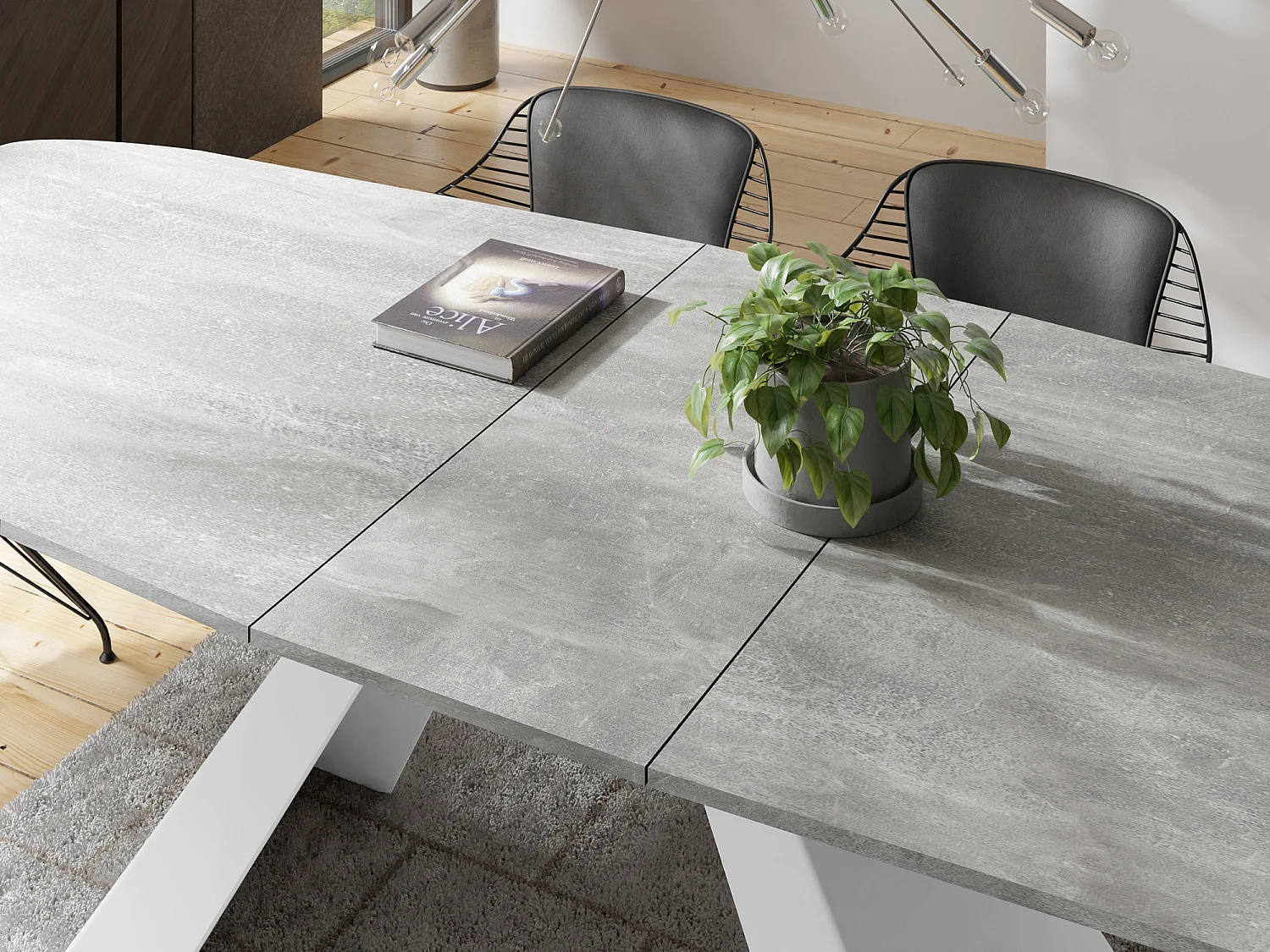 Table-à-Manger Extensible Monte Design Moderne, Table Rectangulaire - Extensible de 160 cm à 200 cm, Pieds Métalliques Blancs - 160x80 cm - Béton Gris