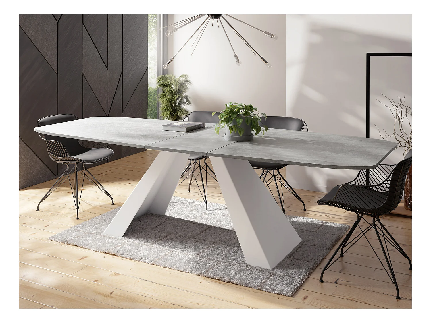 Esstisch Monte Weiß im Modern Stil, Rechteckiger Tisch - Ausziehbar von 160 cm bis 200 cm, Pulverbeschichtete Weiße Metallbeine - 160 x 80 cm - Beton Grau