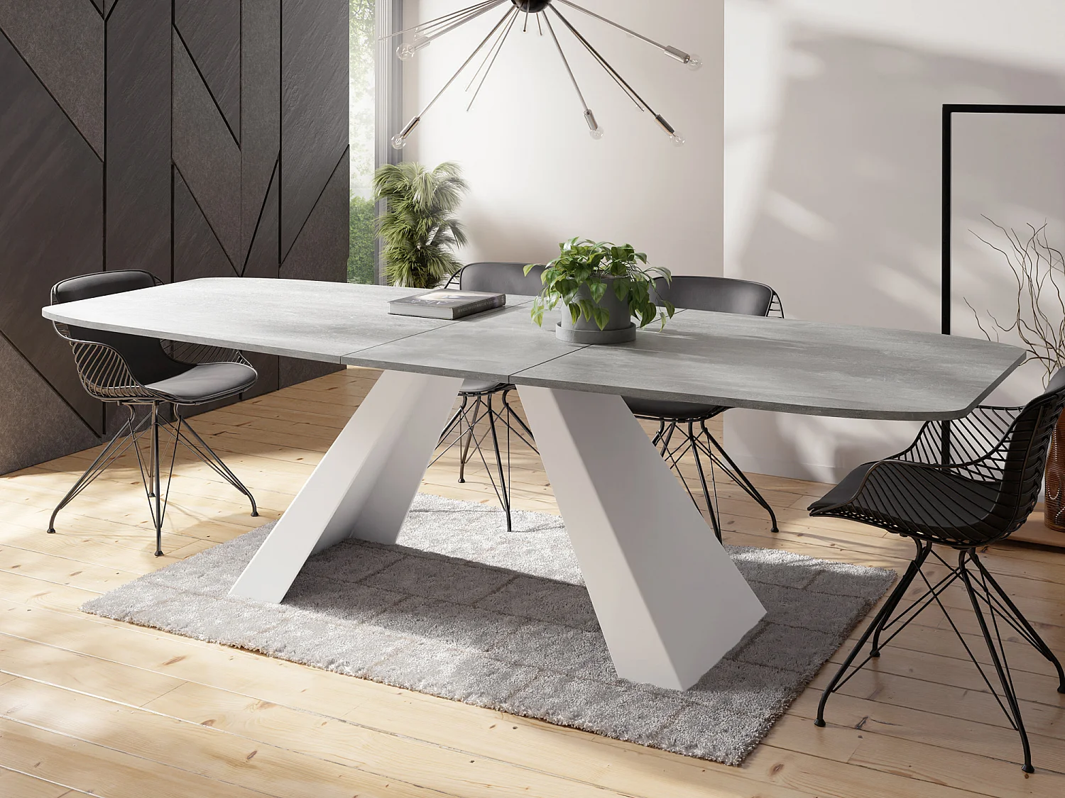 Table-à-Manger Extensible Monte Design Moderne, Table Rectangulaire - Extensible de 160 cm à 200 cm, Pieds Métalliques Blancs - 160x80 cm - Béton Gris