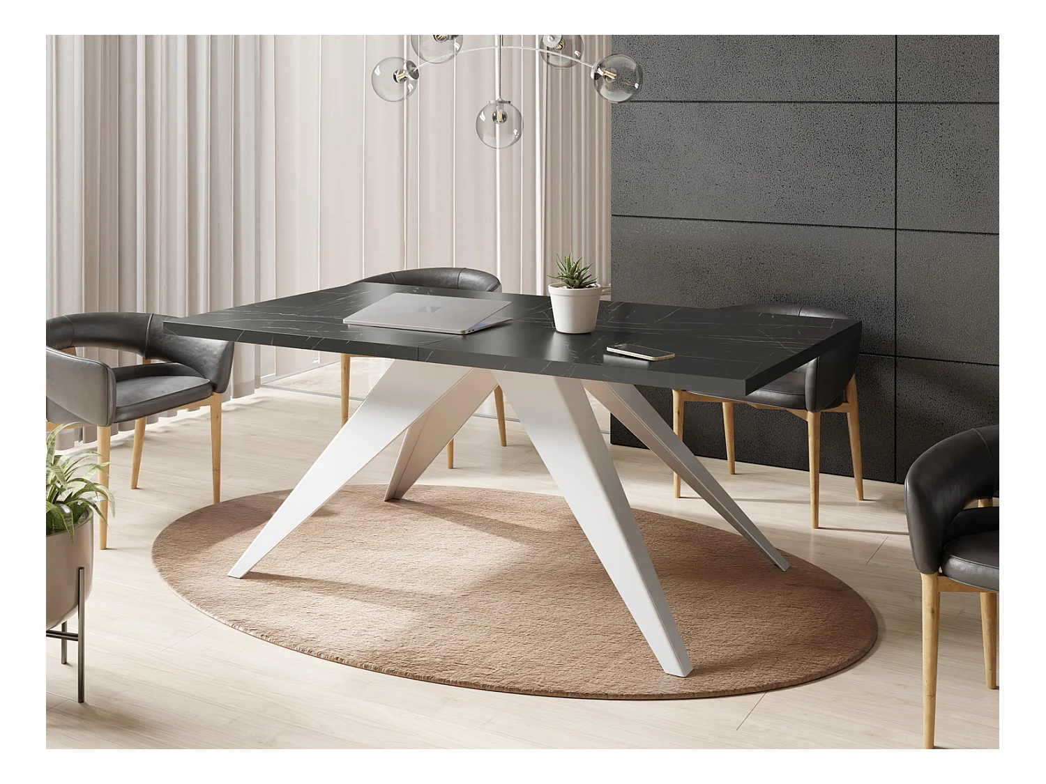 Table à Manger Vance Style Moderne - Table Rectangulaire Extensible de 140 à 240 cm, Pieds en Métal Blanc Revêtement Poudre - 140 x 80 cm - Marbre Noir