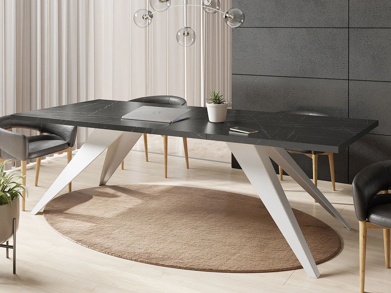 Table à Manger Vance Style Moderne - Table Rectangulaire Extensible de 140 à 240 cm, Pieds en Métal Blanc Revêtement Poudre - 140 x 80 cm - Marbre Noir