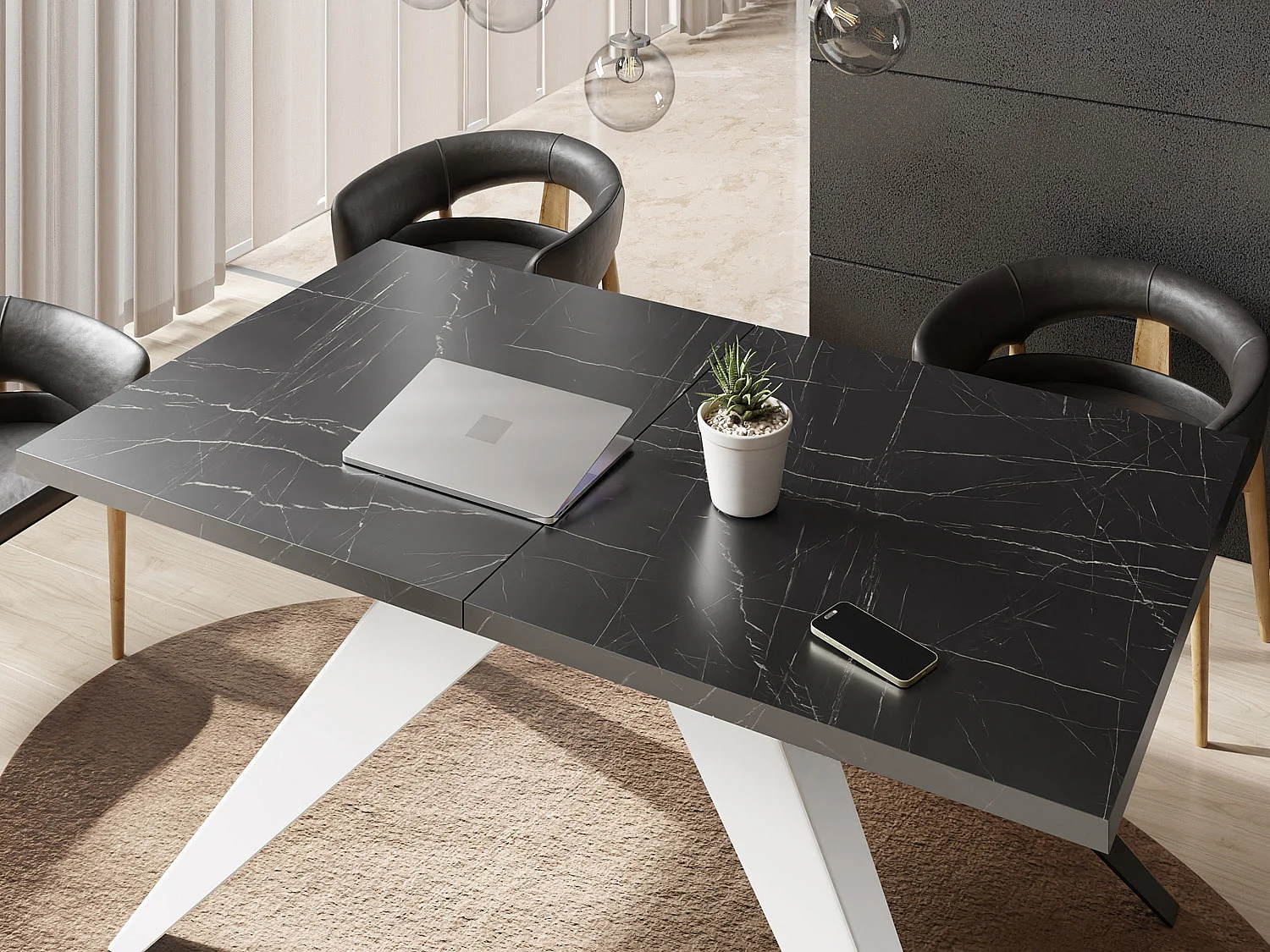 Table à Manger Vance Style Moderne - Table Rectangulaire Extensible de 140 à 240 cm, Pieds en Métal Blanc Revêtement Poudre - 140 x 80 cm - Marbre Noir