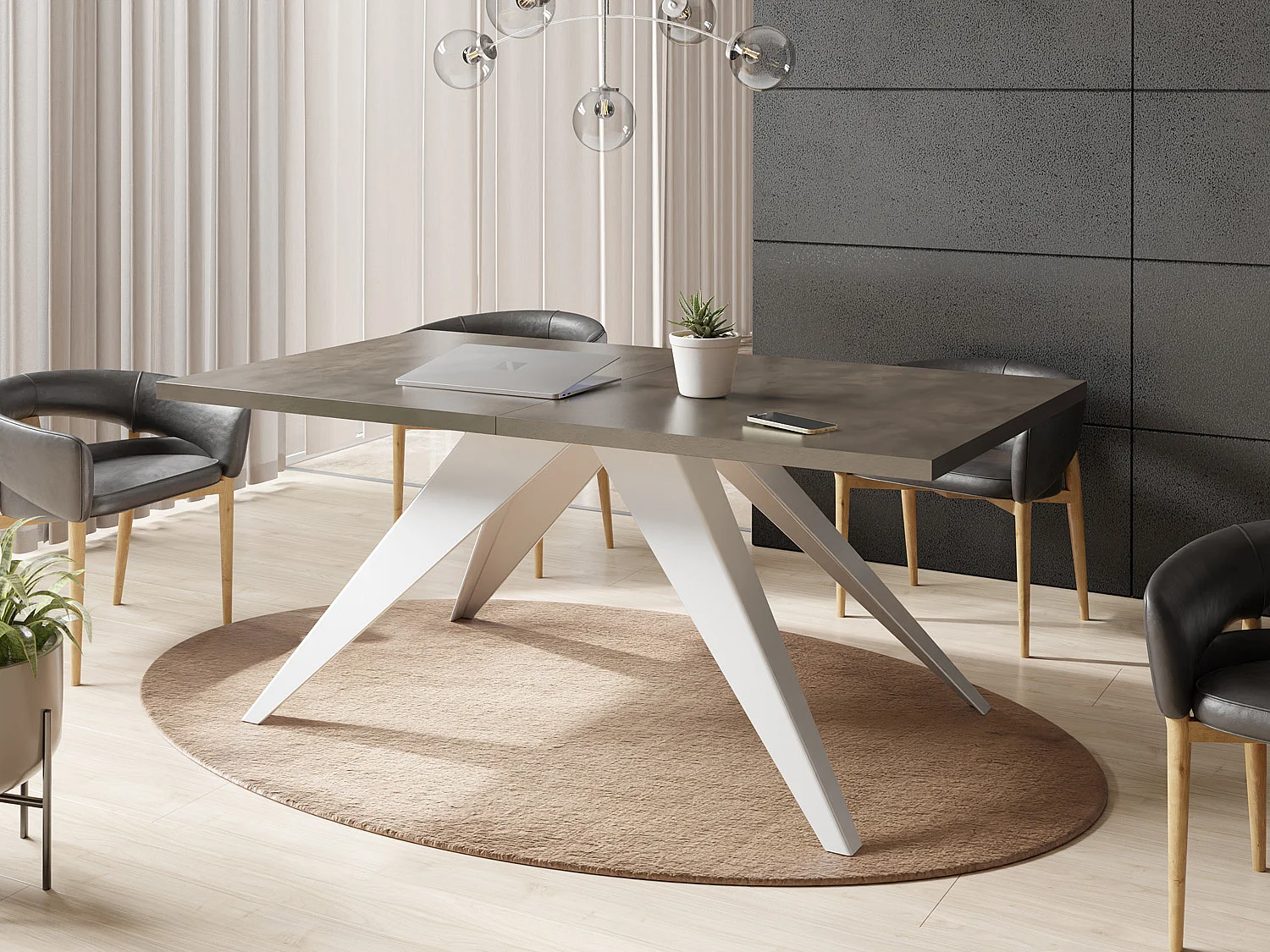 Table à Manger Vance Style Moderne - Table Rectangulaire Extensible de 140 à 240 cm, Pieds en Métal Blanc Revêtement Poudre - 140 x 80 cm - Béton Gris Chicago