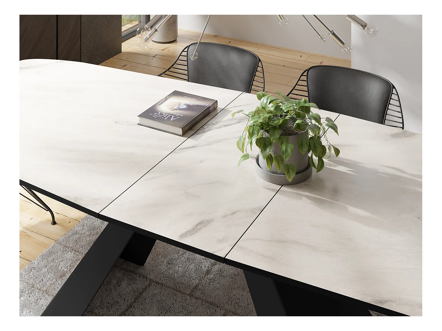 Table-à-Manger Extensible Monte Design Moderne, Table Rectangulaire - Extensible de 160 cm à 200 cm, Pieds Métalliques Noirs - 160x80 cm - Marbre Blanc