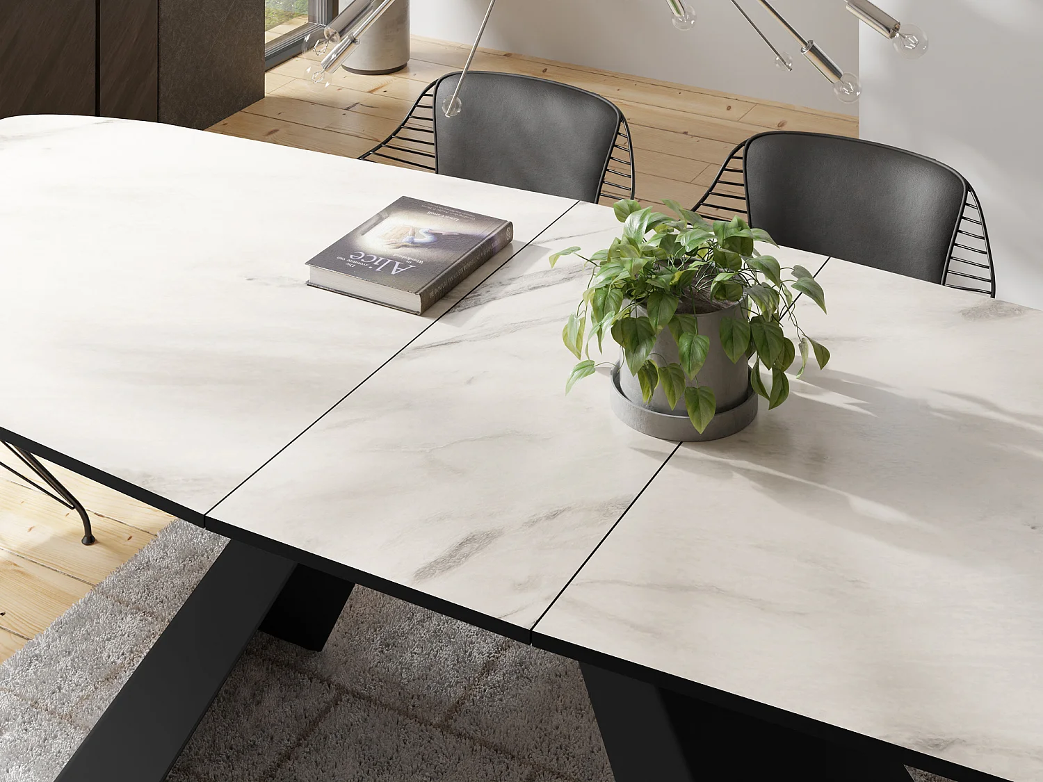 Esstisch Monte im Modern Stil, Rechteckiger Tisch - Ausziehbar von 160 cm bis 200 cm, Pulverbeschichtete Schwarze Metallbeine - 160 x 80 cm - Marmor Weiß