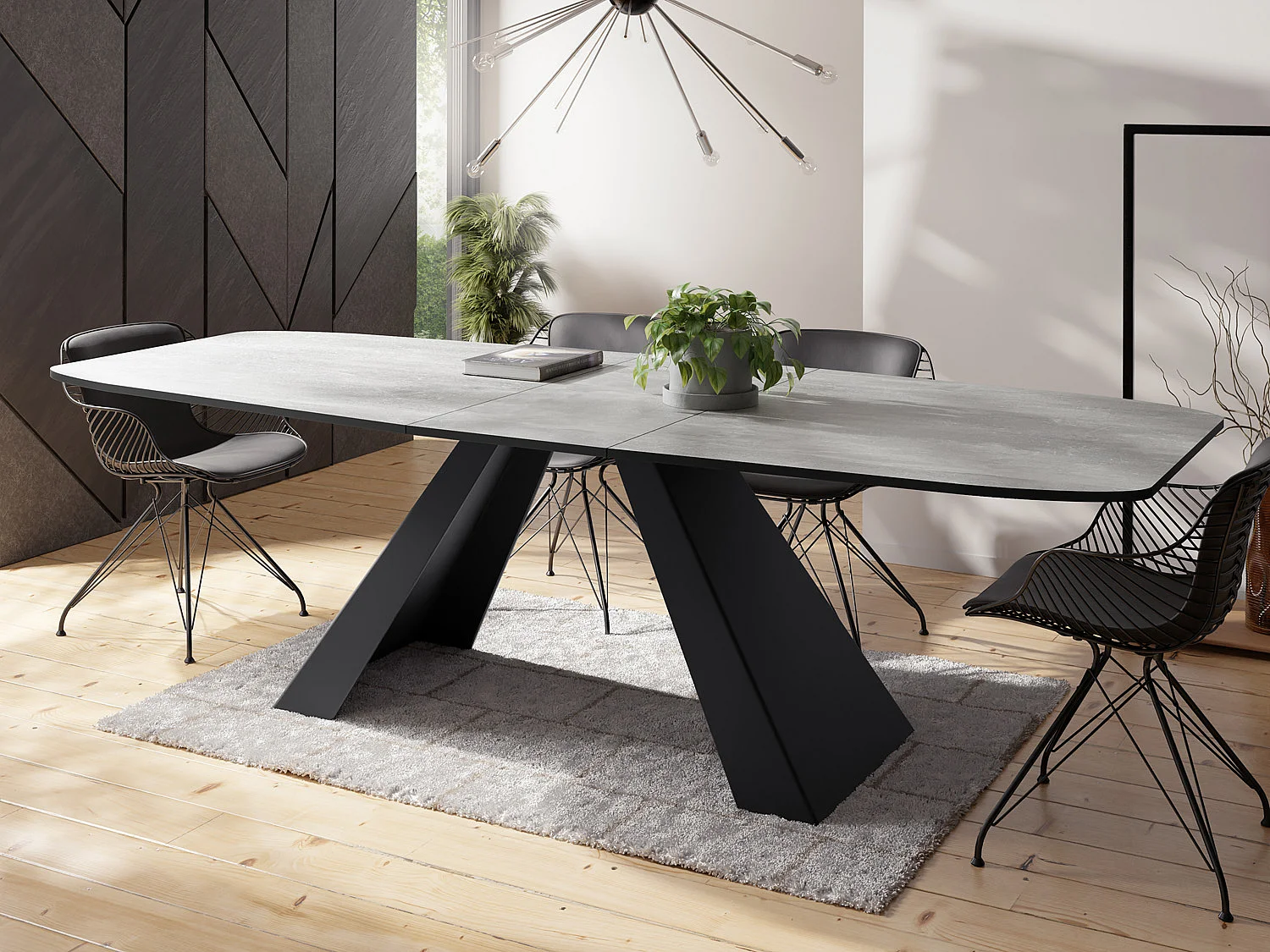 Table-à-Manger Extensible Monte Design Moderne, Table Rectangulaire - Extensible de 160 cm à 200 cm, Pieds Métalliques Noirs - 160x80 cm - Béton Gris