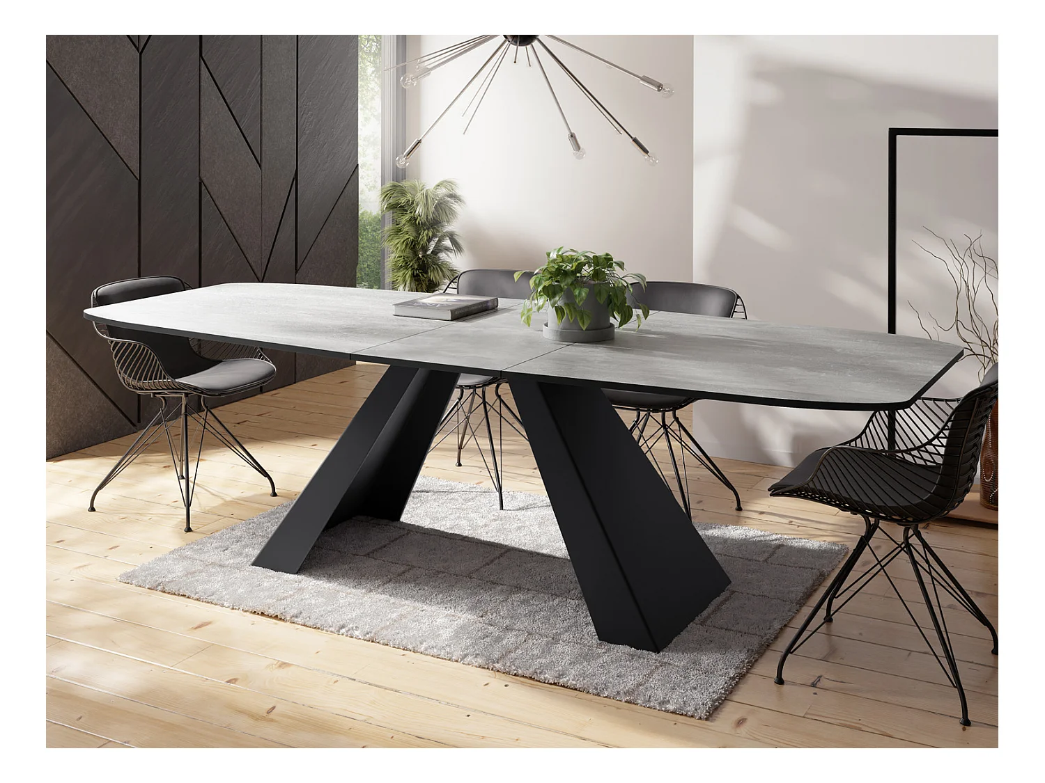Table-à-Manger Extensible Monte Design Moderne, Table Rectangulaire - Extensible de 160 cm à 200 cm, Pieds Métalliques Noirs - 160x80 cm - Béton Gris