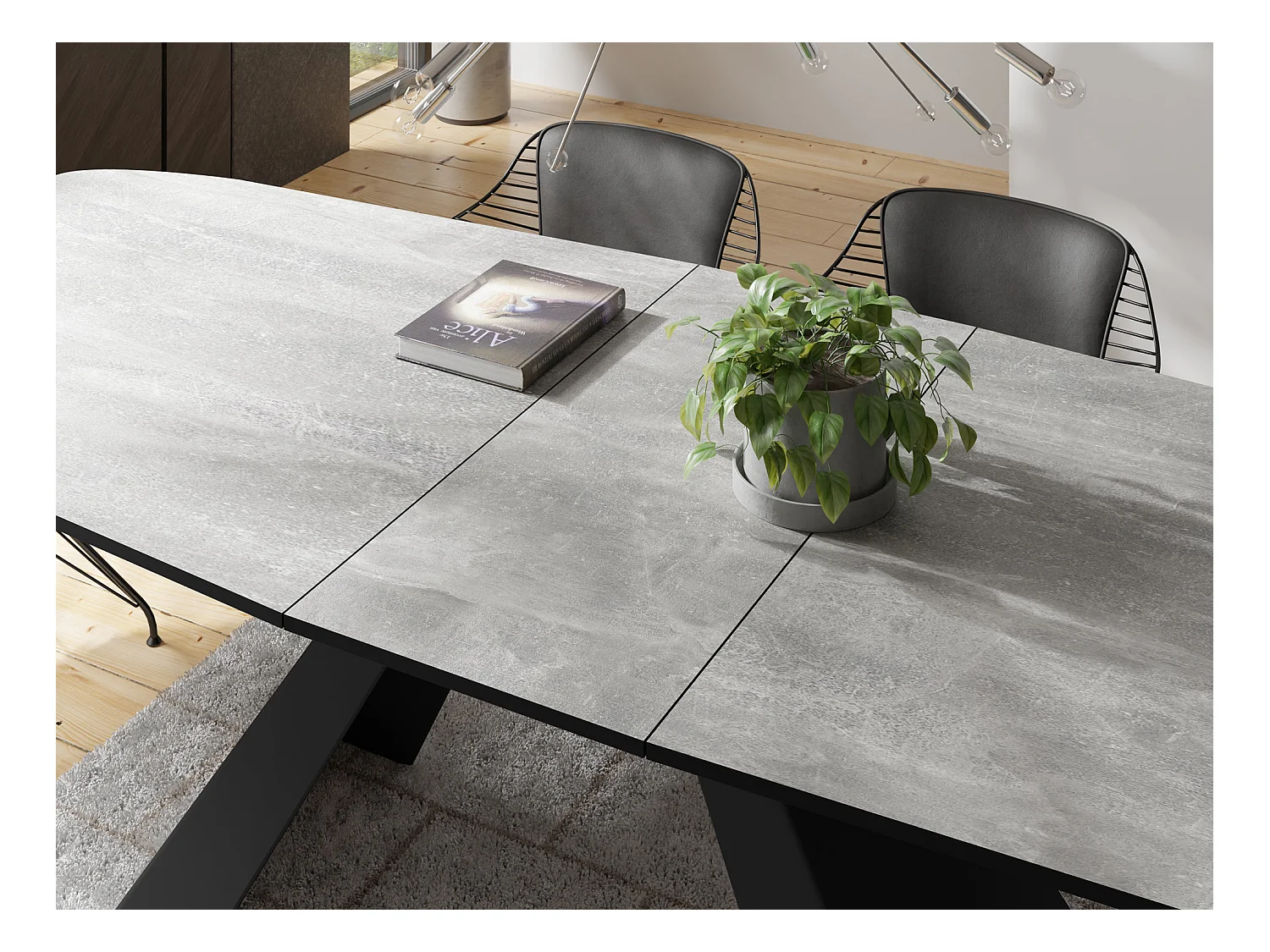 Table-à-Manger Extensible Monte Design Moderne, Table Rectangulaire - Extensible de 160 cm à 200 cm, Pieds Métalliques Noirs - 160x80 cm - Béton Gris